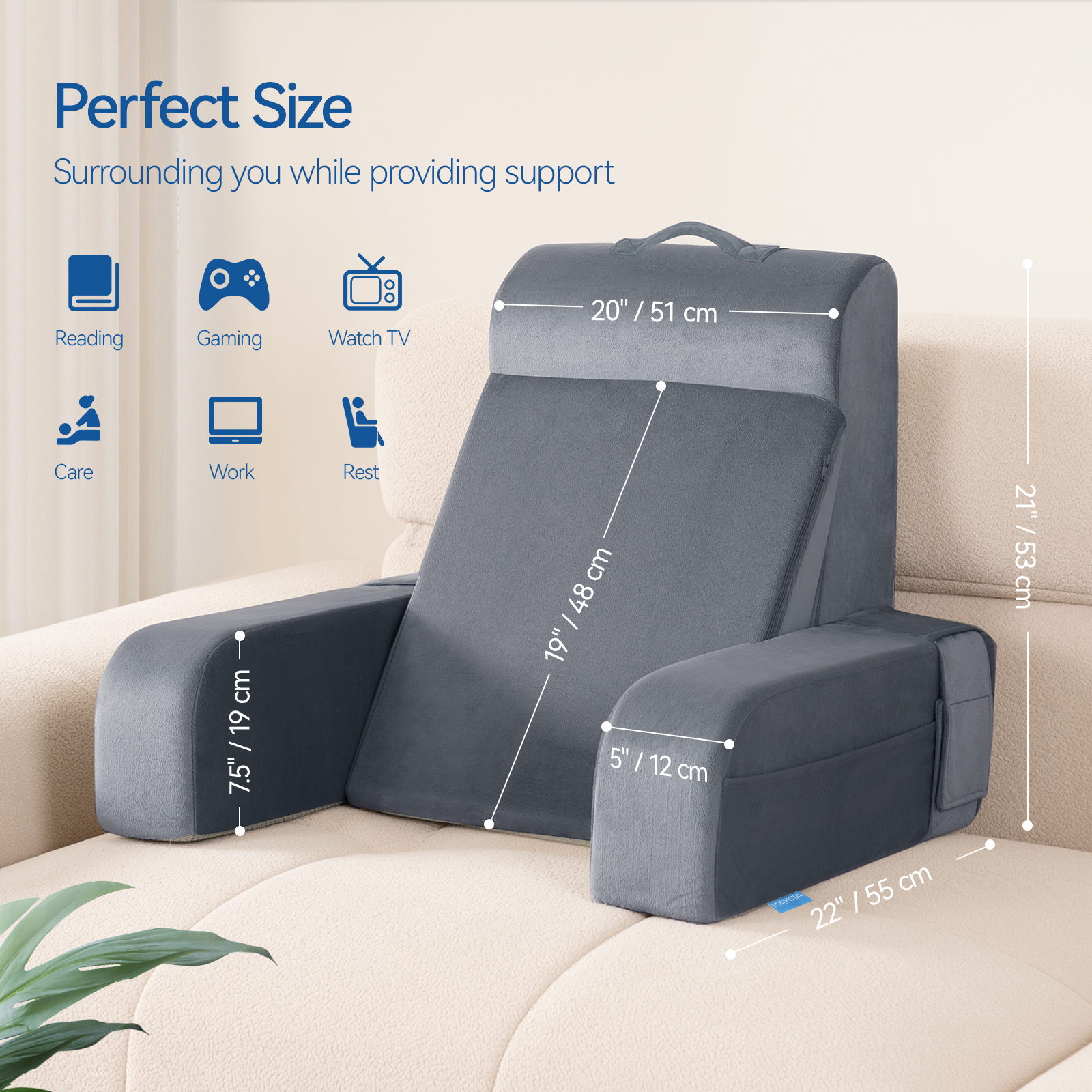 Kayfia Reading Pillow, 10 in 1 Back Pillow for Bed Sitting up with Detachable Arms Rest, Back Rest with Gel Memory Foam, Reading/Gaming/Working in Bed or Couch, Gray