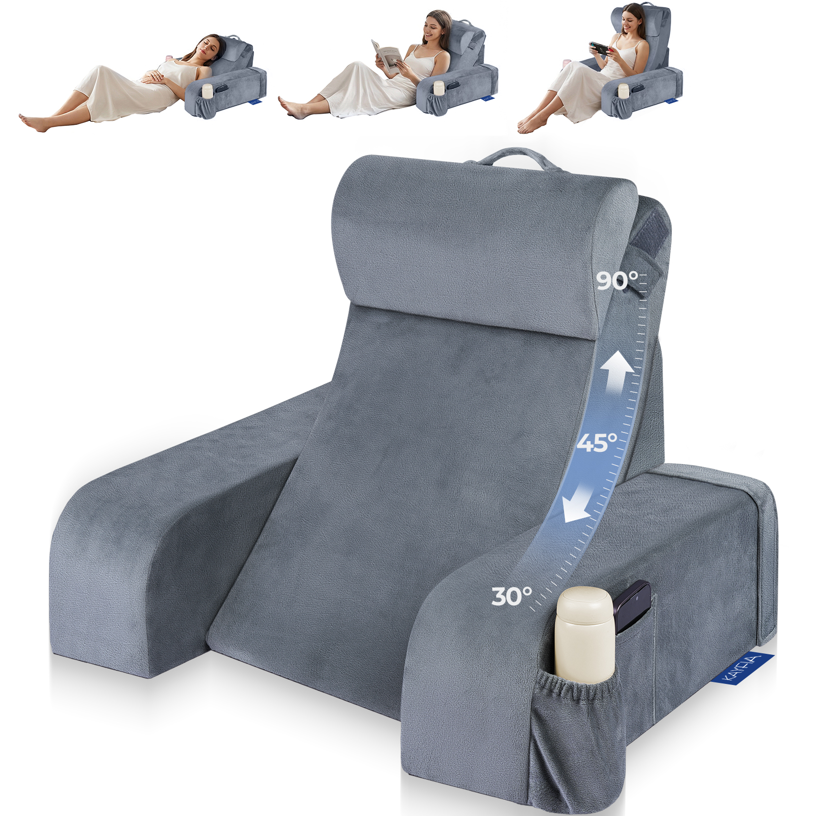 Kayfia Reading Pillow with 30-90° Adjustable Angle & Height, 2 in 1 Back Wedge Pillow for Bed Sitting up with Detachable Arms Rest, Backrest Pillow for Reading/Gaming/Working in Bed or Couch