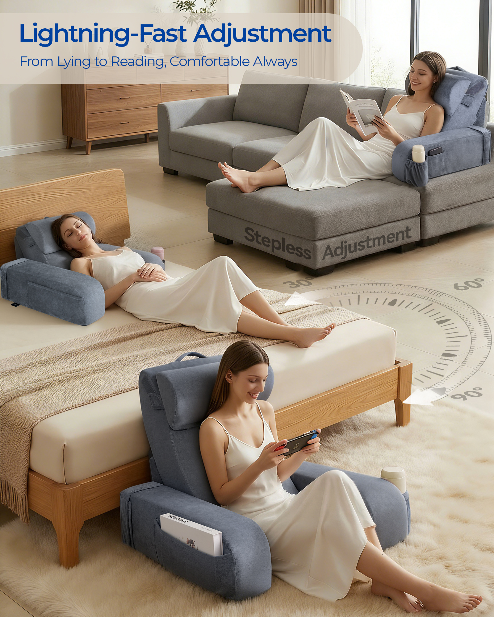 Kayfia Reading Pillow with 30-90° Adjustable Angle & Height, 2 in 1 Back Wedge Pillow for Bed Sitting up with Detachable Arms Rest, Backrest Pillow for Reading/Gaming/Working in Bed or Couch