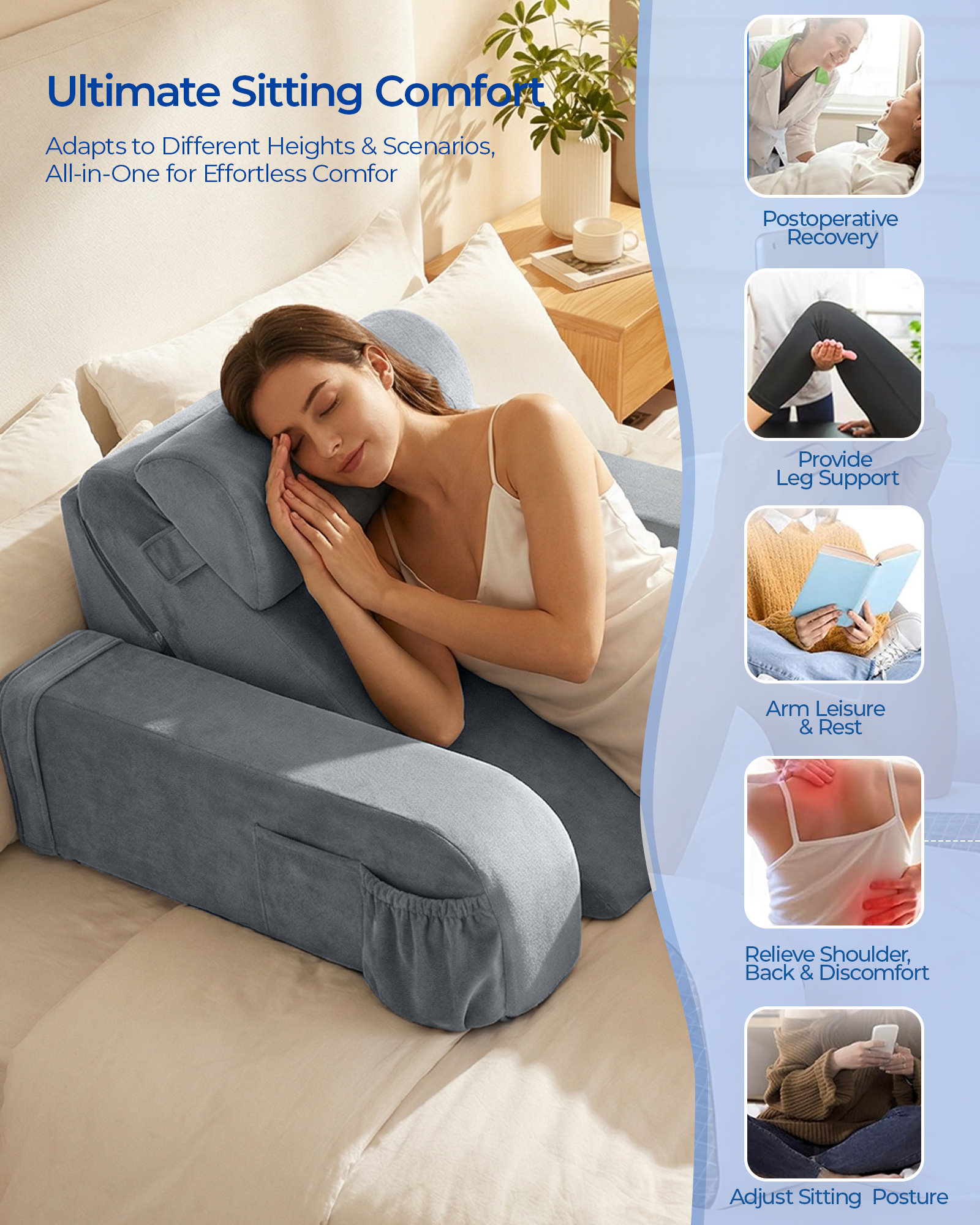 Kayfia Reading Pillow with 30-90° Adjustable Angle & Height, 2 in 1 Back Wedge Pillow for Bed Sitting up with Detachable Arms Rest, Backrest Pillow for Reading/Gaming/Working in Bed or Couch