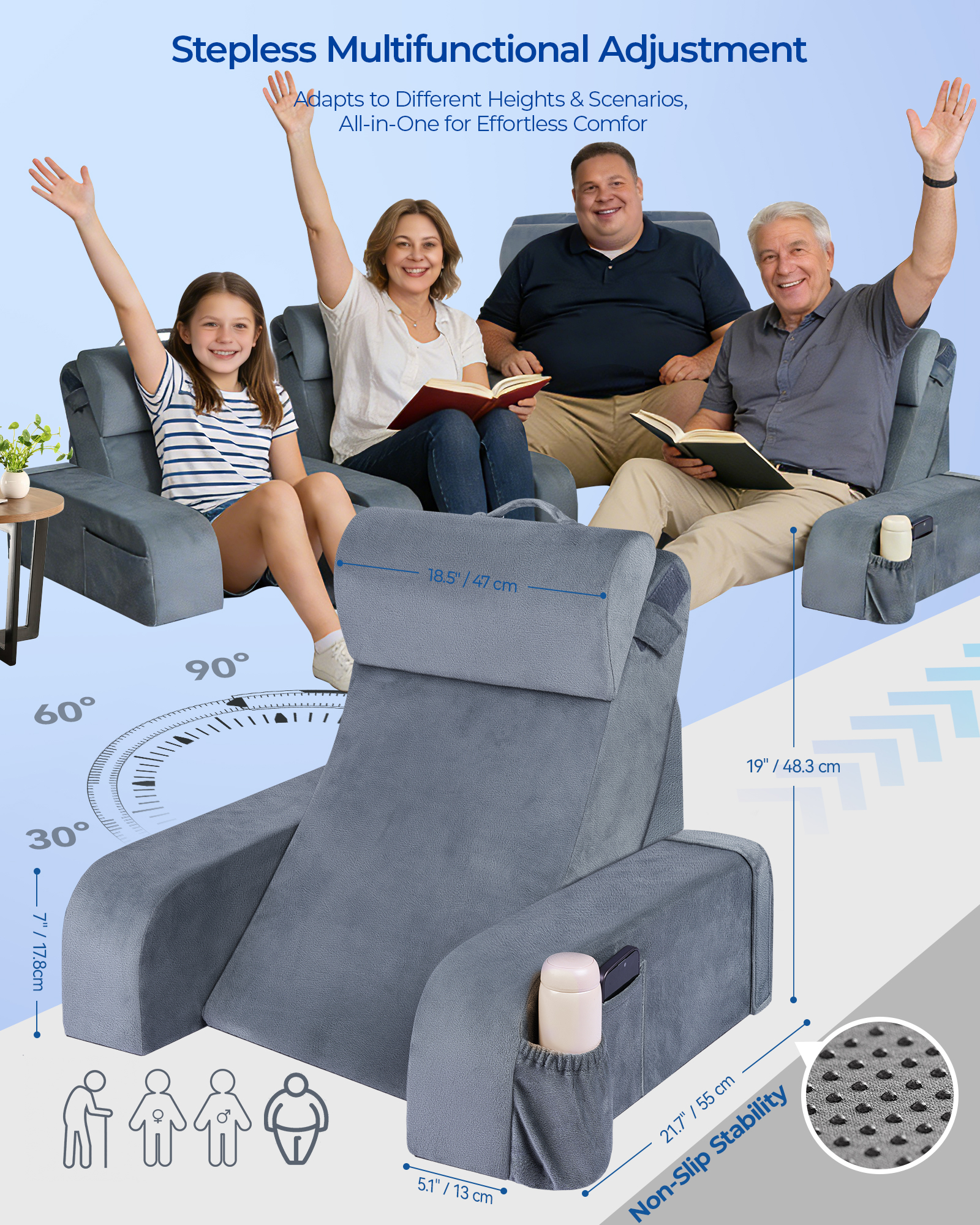 Kayfia Reading Pillow with 30-90° Adjustable Angle & Height, 2 in 1 Back Wedge Pillow for Bed Sitting up with Detachable Arms Rest, Backrest Pillow for Reading/Gaming/Working in Bed or Couch