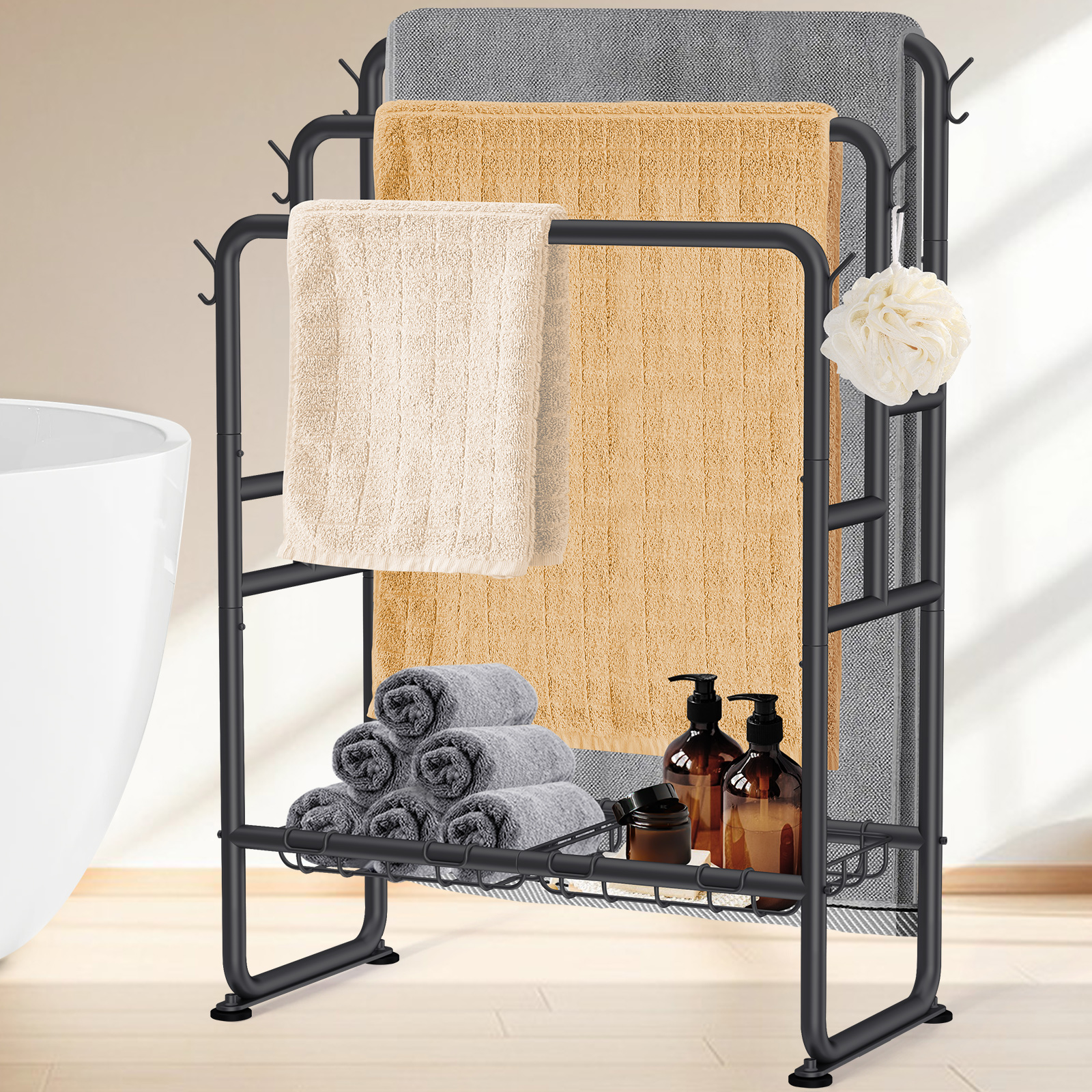 Kayfia 40" Tall Standing Towel Racks, 3 Tier Towel Stand Blanket Rack with 2 Removable Storage Baskets & 6 Hooks, Indoor Outdoor Freestanding Towel Racks for Bathroom Bedroom Organizer