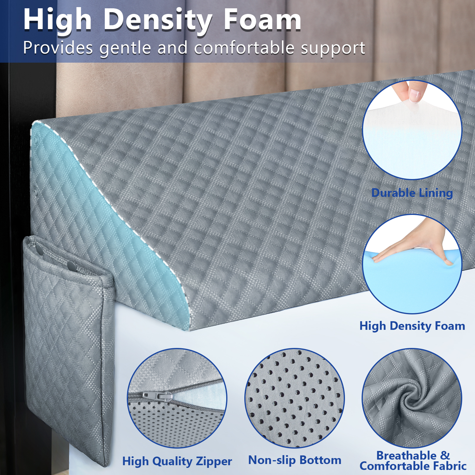 Kayfia Pillow Wedge for Headboard Gap Bed Gap Filller (0-8") Mattress Space Filler Pillow Stopper with 2 Side Pocket Triangle Foam Pillow Wedge Between Headboard Mattress