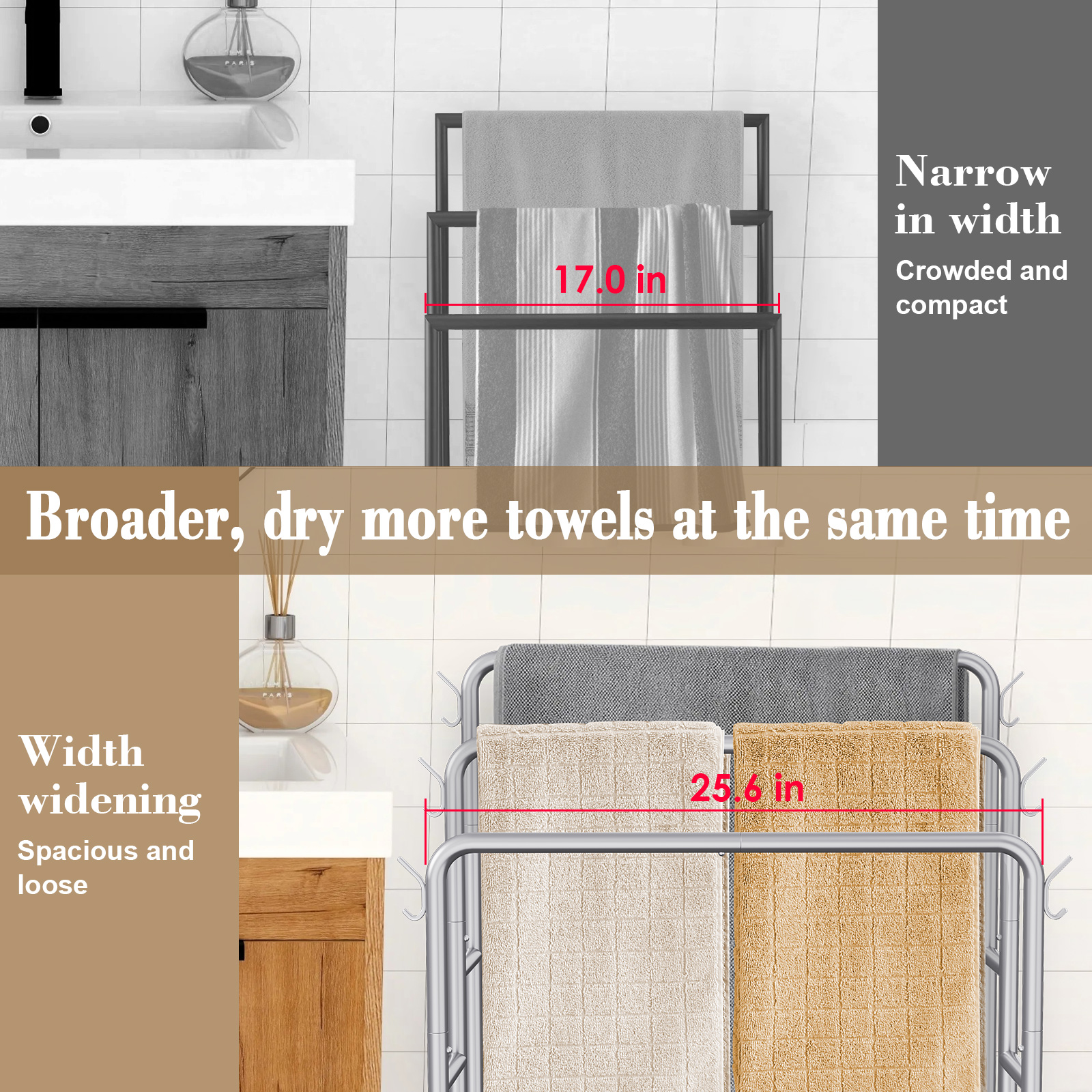 Kayfia 40" Tall Standing Towel Racks, 3 Tier Towel Stand Blanket Rack with 2 Removable Storage Baskets & 6 Hooks, Indoor Outdoor Freestanding Towel Racks for Bathroom Bedroom Organizer