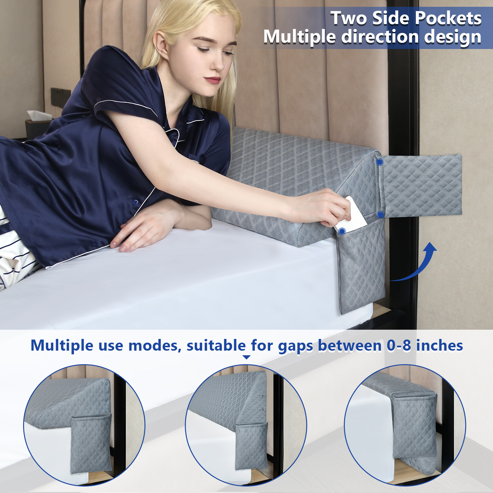 Kayfia Pillow Wedge for Headboard Gap Bed Gap Filller (0-8") Mattress Space Filler Pillow Stopper with 2 Side Pocket Triangle Foam Pillow Wedge Between Headboard Mattress