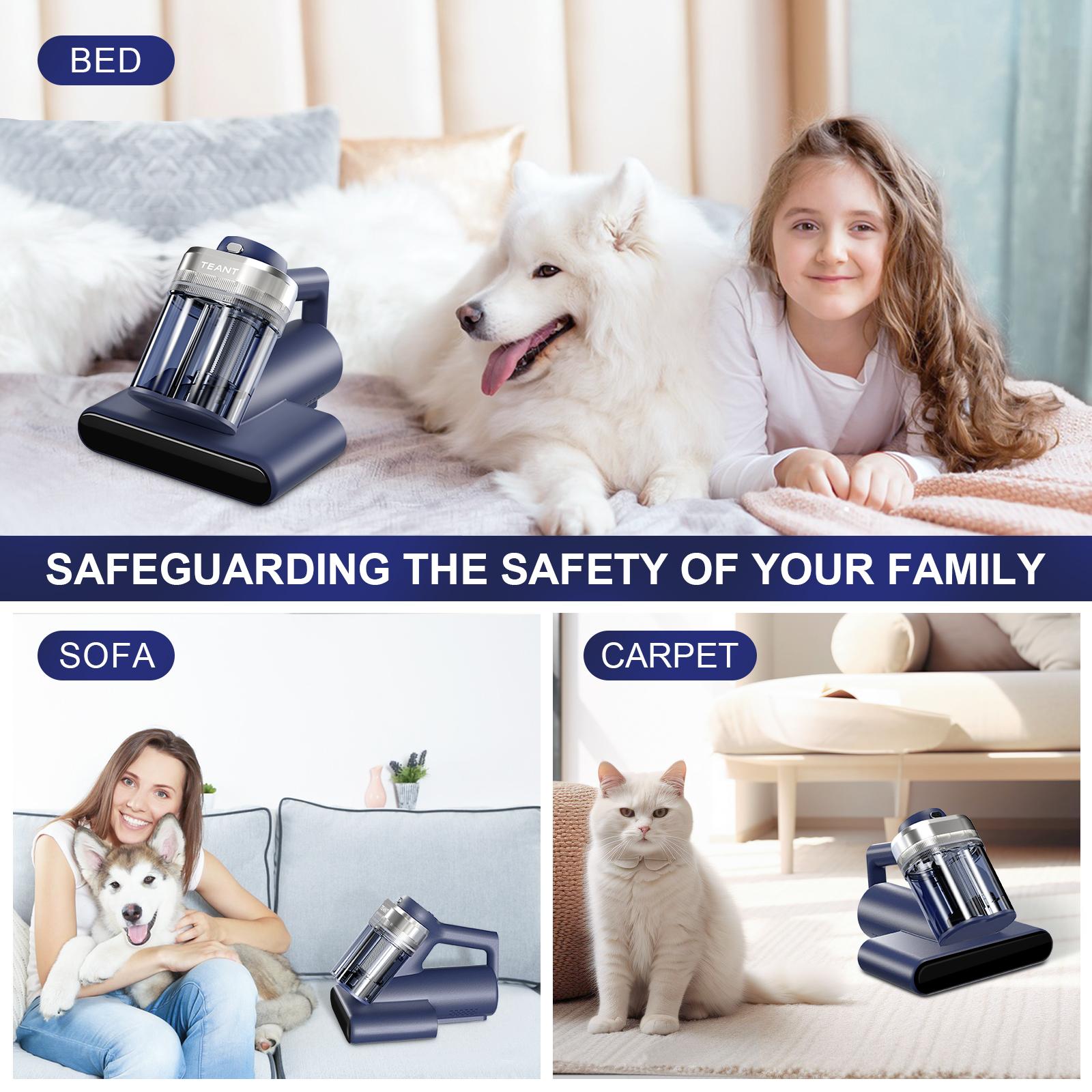 Teant Mattress Vacuum Bed Vacuum Cleaner with 253.7nm UV-C Light, 600W & 16Kpa Strong Suction,33000 RPM/Min Tapping, HEPA Filter,149℉ Heat & Ultrasonic & Anion Handheld Vacuum for Bed and Pet