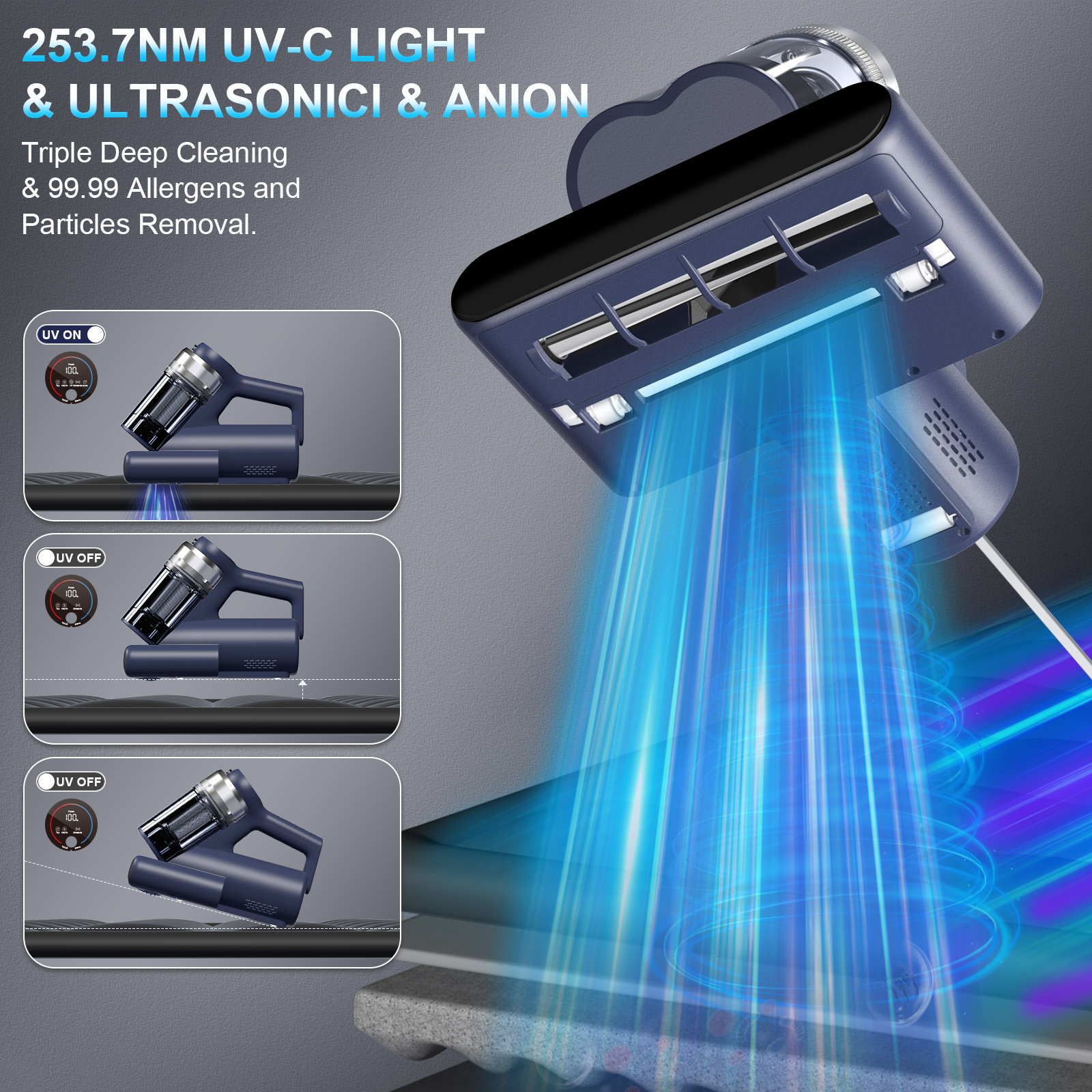 Teant Mattress Vacuum Bed Vacuum Cleaner with 253.7nm UV-C Light, 600W & 16Kpa Strong Suction,33000 RPM/Min Tapping, HEPA Filter,149℉ Heat & Ultrasonic & Anion Handheld Vacuum for Bed and Pet