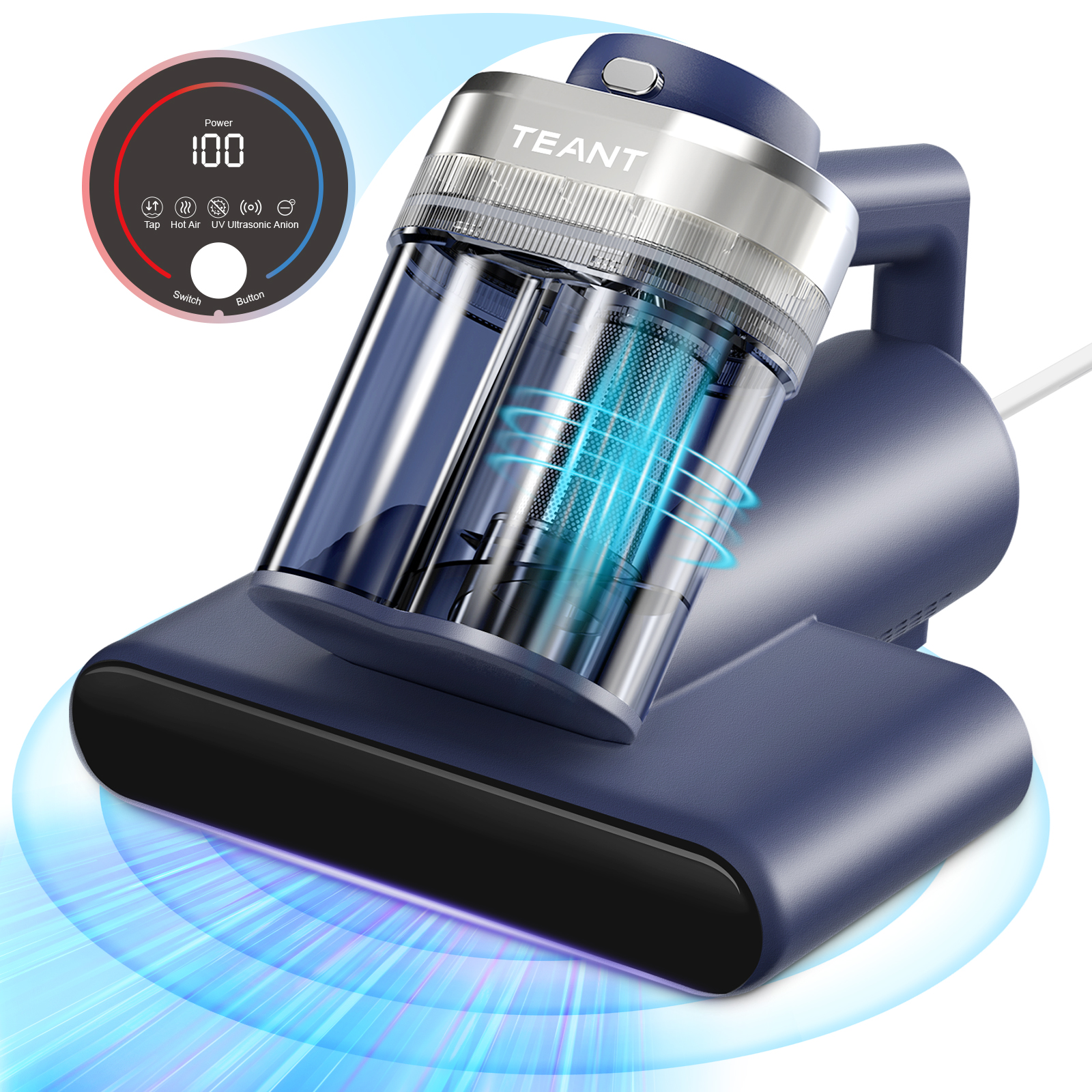 Teant Mattress Vacuum Bed Vacuum Cleaner with 253.7nm UV-C Light, 600W & 16Kpa Strong Suction,33000 RPM/Min Tapping, HEPA Filter,149℉ Heat & Ultrasonic & Anion Handheld Vacuum for Bed and Pet