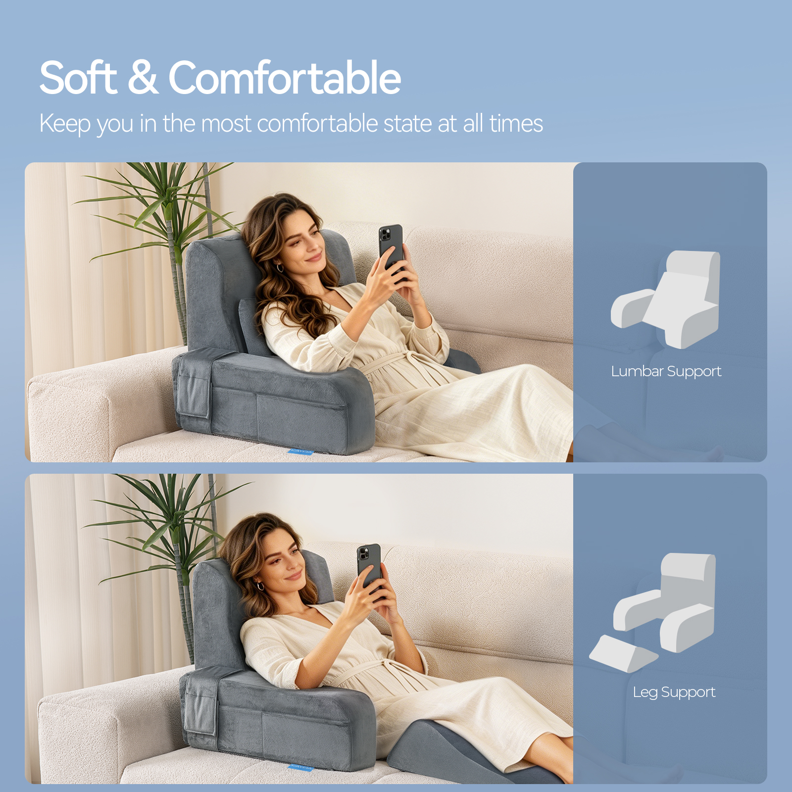 Kayfia Reading Pillow, 10 in 1 Back Pillow for Bed Sitting up with Detachable Arms Rest, Back Rest with Gel Memory Foam, Reading/Gaming/Working in Bed or Couch, Gray