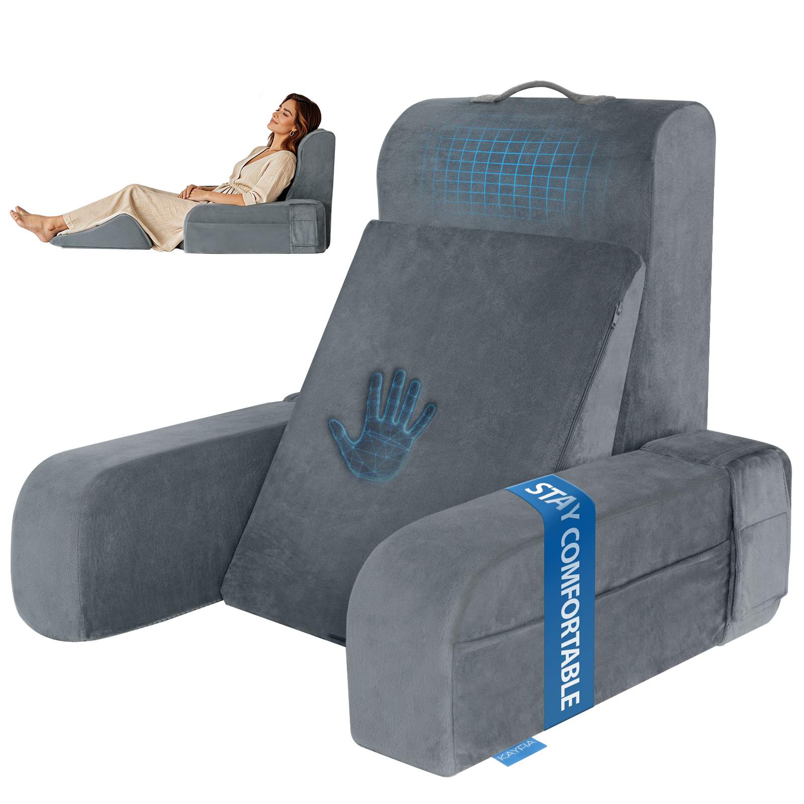 Kayfia Reading Pillow, 10 in 1 Back Pillow for Bed Sitting up with Detachable Arms Rest, Back Rest with Gel Memory Foam, Reading/Gaming/Working in Bed or Couch, Gray