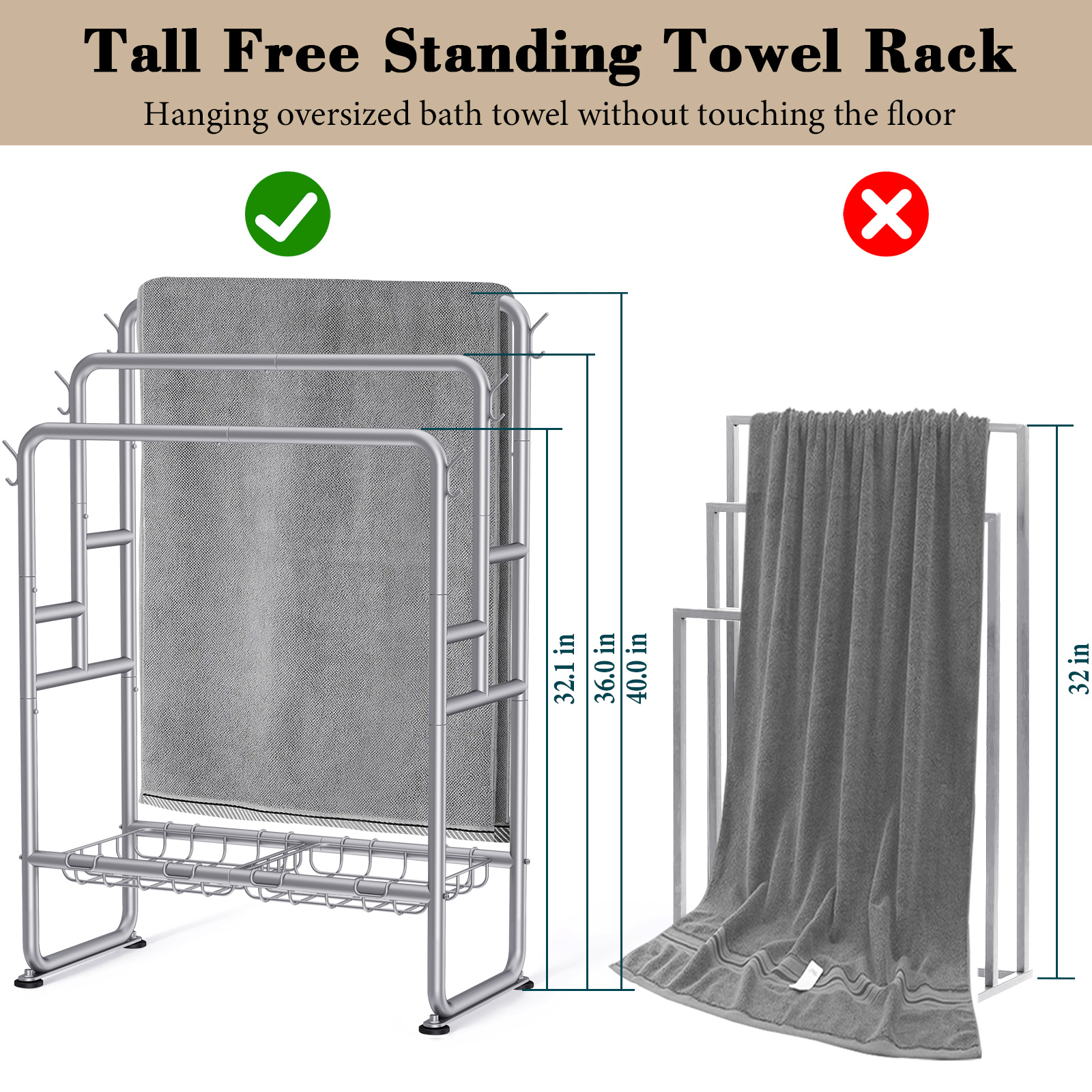 Kayfia 40" Tall Standing Towel Racks, 3 Tier Towel Stand Blanket Rack with 2 Removable Storage Baskets & 6 Hooks, Indoor Outdoor Freestanding Towel Racks for Bathroom Bedroom Organizer