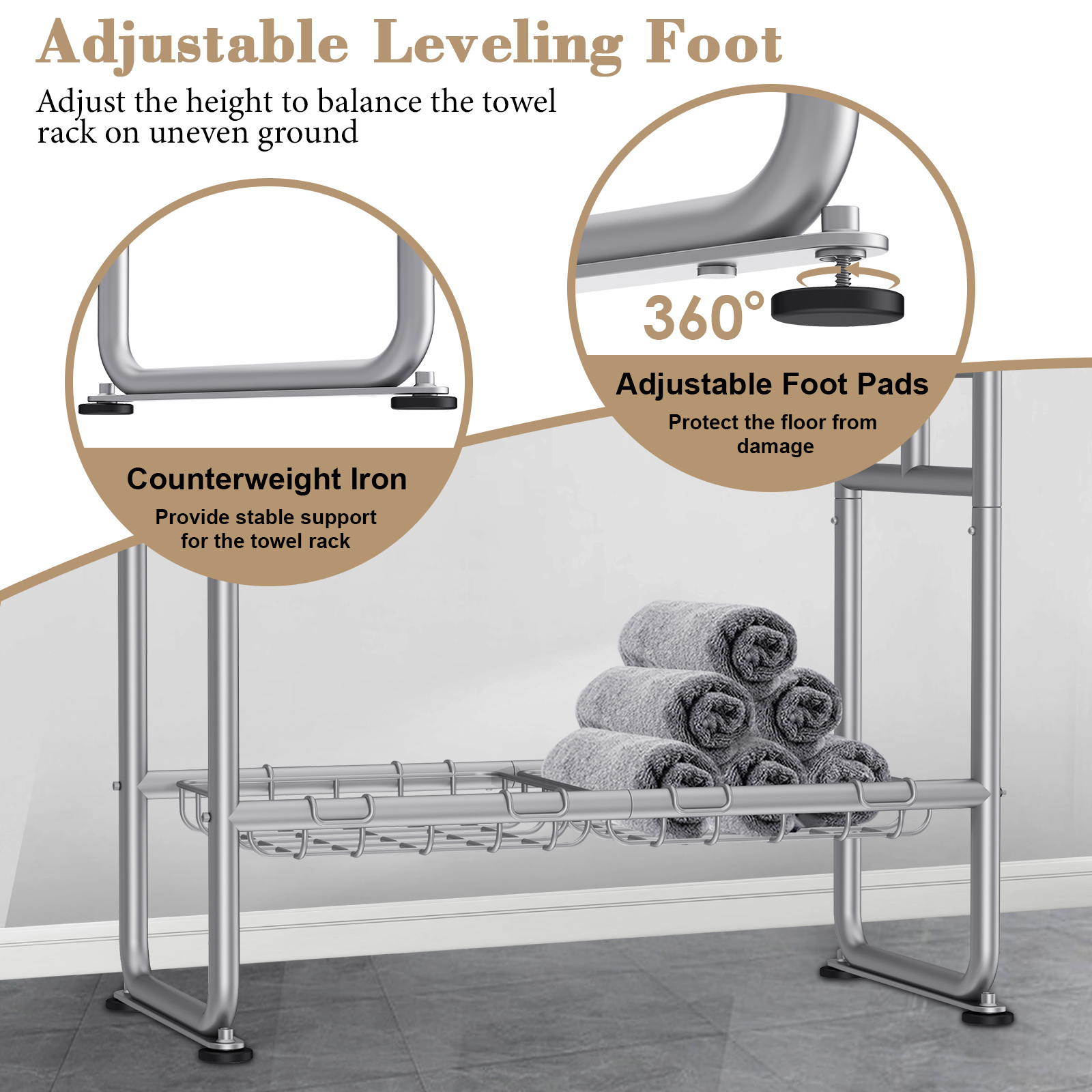 Kayfia 40" Tall Standing Towel Racks, 3 Tier Towel Stand Blanket Rack with 2 Removable Storage Baskets & 6 Hooks, Indoor Outdoor Freestanding Towel Racks for Bathroom Bedroom Organizer