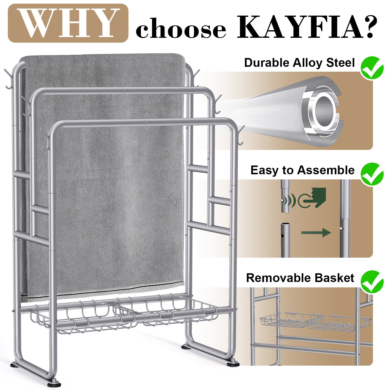 Kayfia 40" Tall Standing Towel Racks, 3 Tier Towel Stand Blanket Rack with 2 Removable Storage Baskets & 6 Hooks, Indoor Outdoor Freestanding Towel Racks for Bathroom Bedroom Organizer