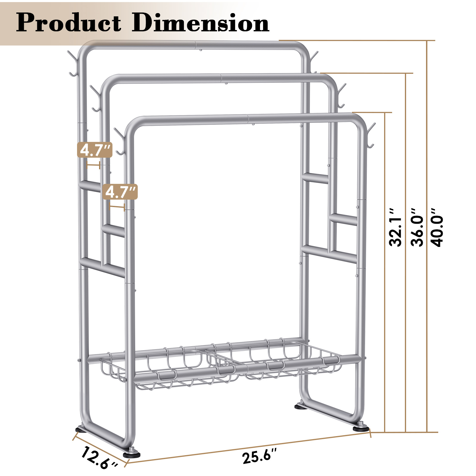 Kayfia 40" Tall Standing Towel Racks, 3 Tier Towel Stand Blanket Rack with 2 Removable Storage Baskets & 6 Hooks, Indoor Outdoor Freestanding Towel Racks for Bathroom Bedroom Organizer