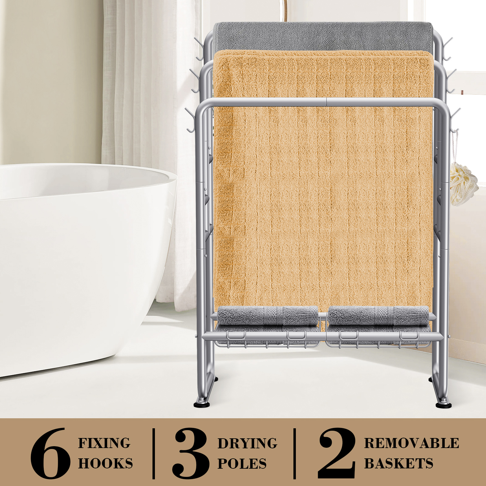 Kayfia 40" Tall Standing Towel Racks, 3 Tier Towel Stand Blanket Rack with 2 Removable Storage Baskets & 6 Hooks, Indoor Outdoor Freestanding Towel Racks for Bathroom Bedroom Organizer