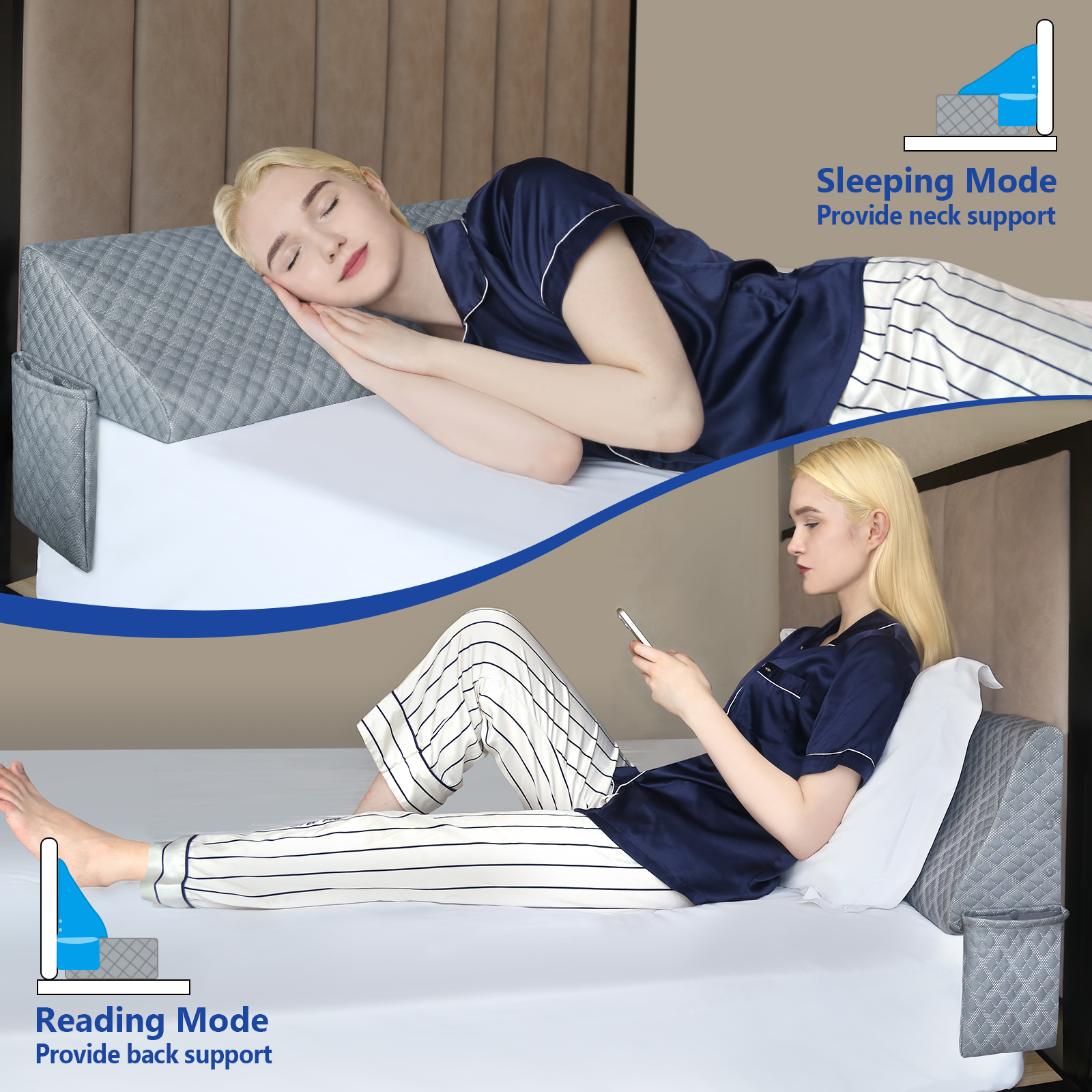 Kayfia Pillow Wedge for Headboard Gap Bed Gap Filller (0-8") Mattress Space Filler Pillow Stopper with 2 Side Pocket Triangle Foam Pillow Wedge Between Headboard Mattress