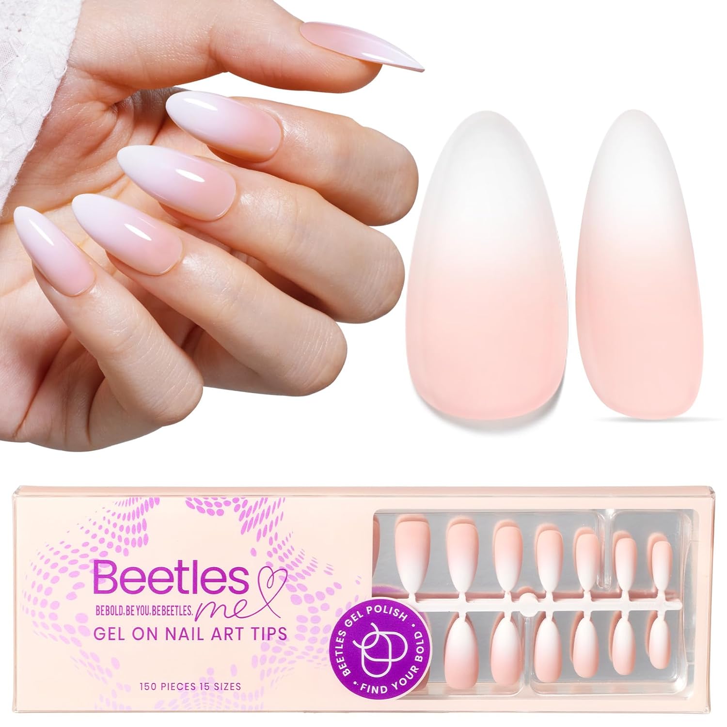 Beetles Almond Pre-French Tip Press on Nails in 150PCS 15 Sizes#005