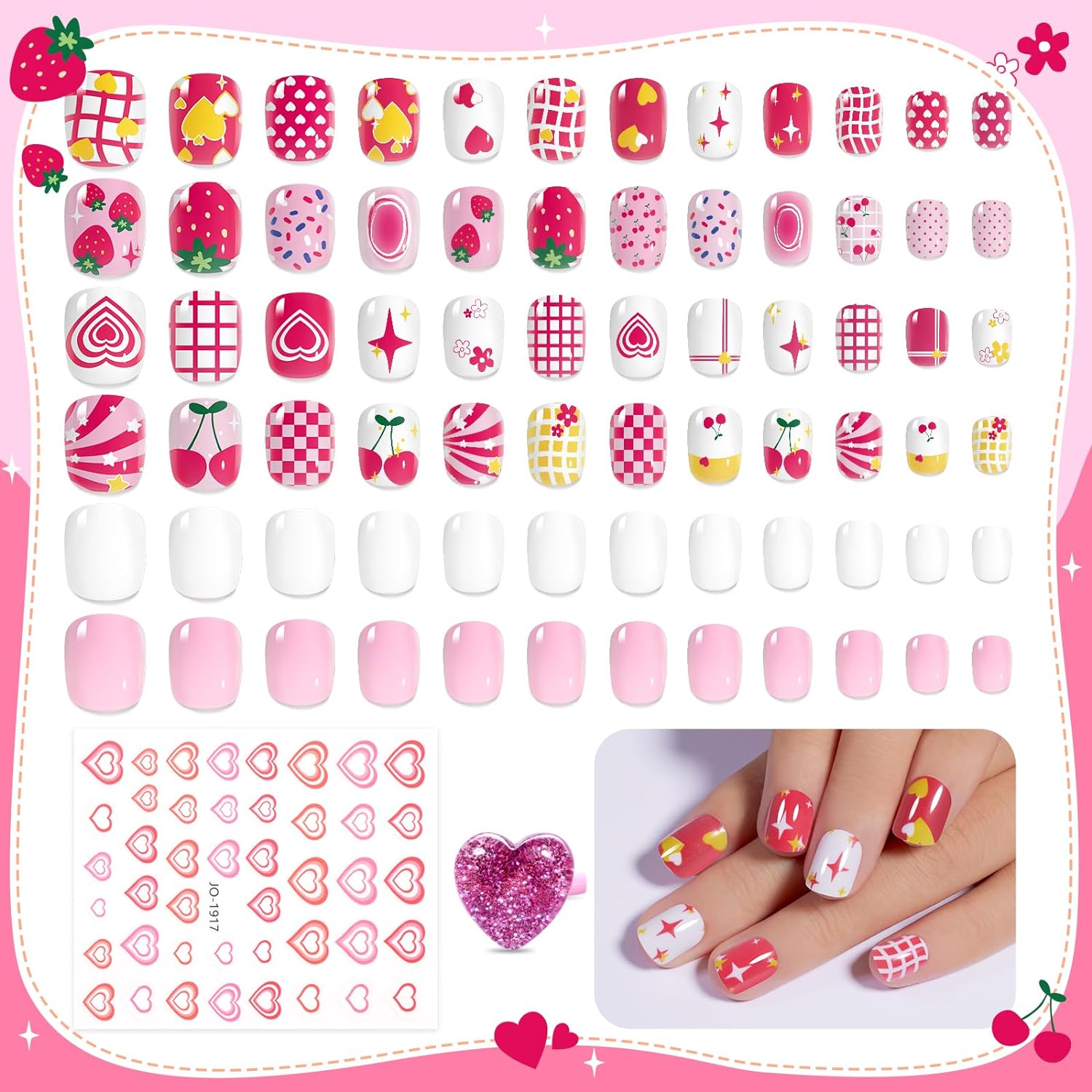 Pink Heart | Short Square Press On Nails 144 Pcs in 12 Sizes