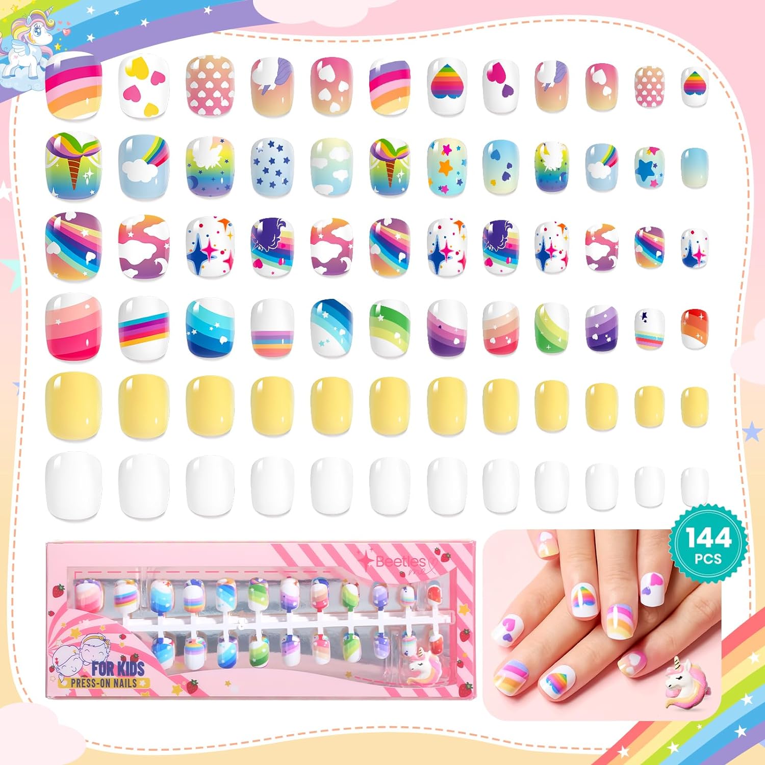 Unicorn Press-on Nails | Short Square Press On Nails 144 Pcs in 12 Sizes