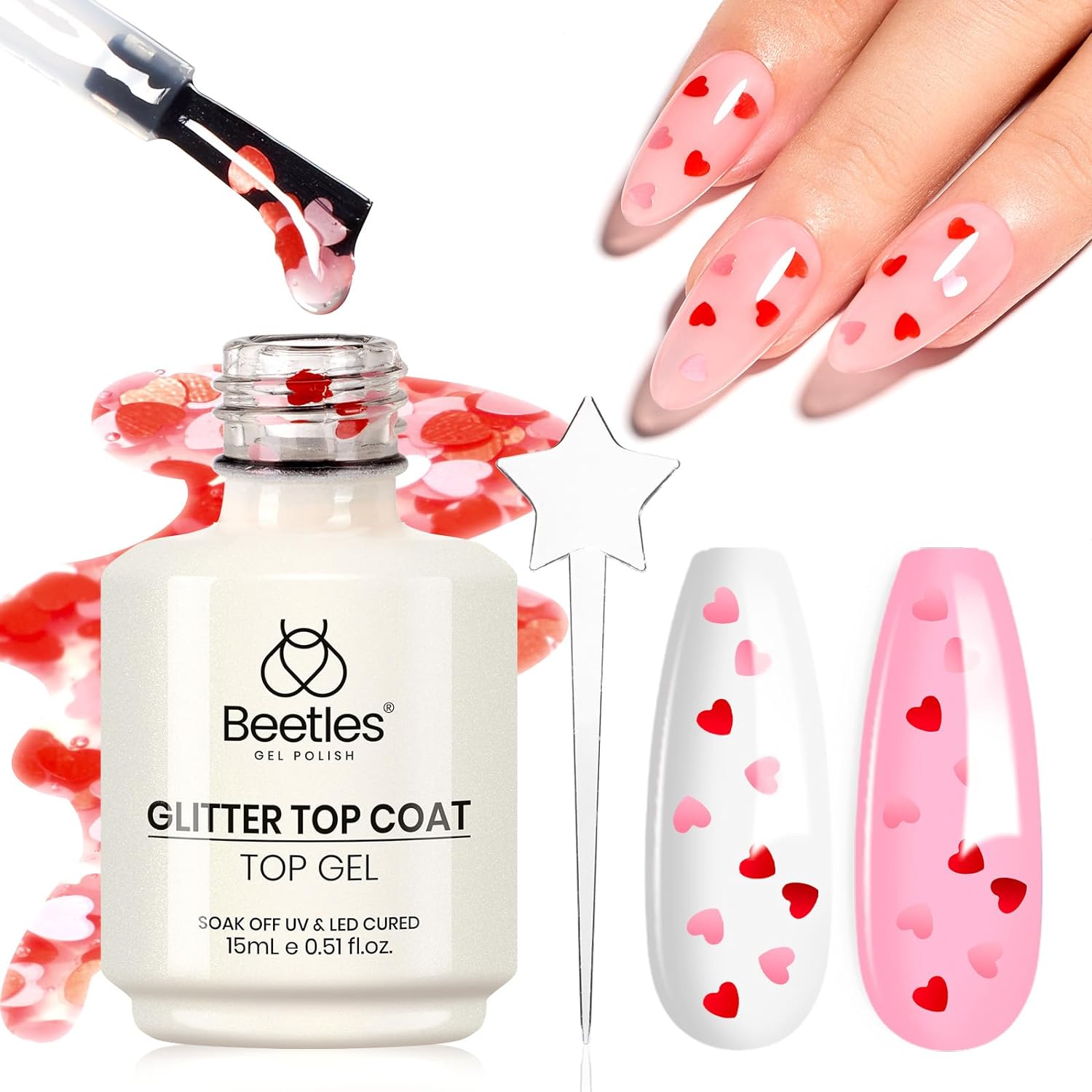 Beetles Pink & Red Heart Holographic Glitter Top Coat | 15ML