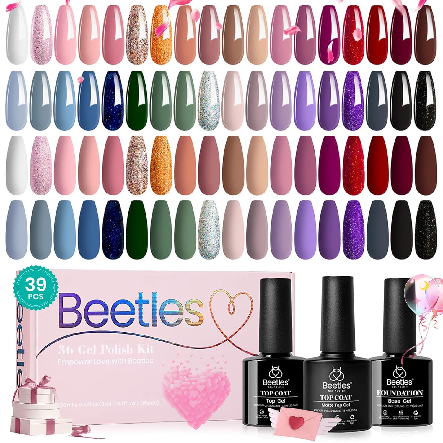 Dazzling Radiant 36 Nail Gel Polish Colors with Base Top Coat and Gift Box- 5ml/Each Gel Colors