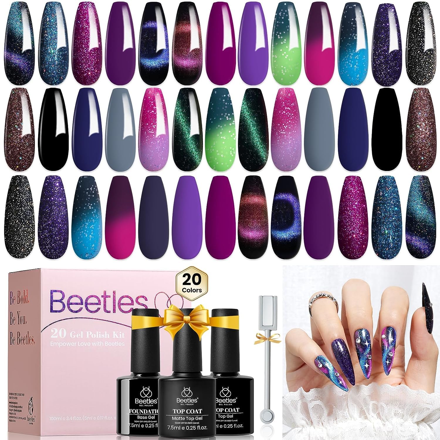 Cosmic Mirage - 20 Cat Eyes Gel Colors Nail Set with Top and Base Coat (5ml/Each)
