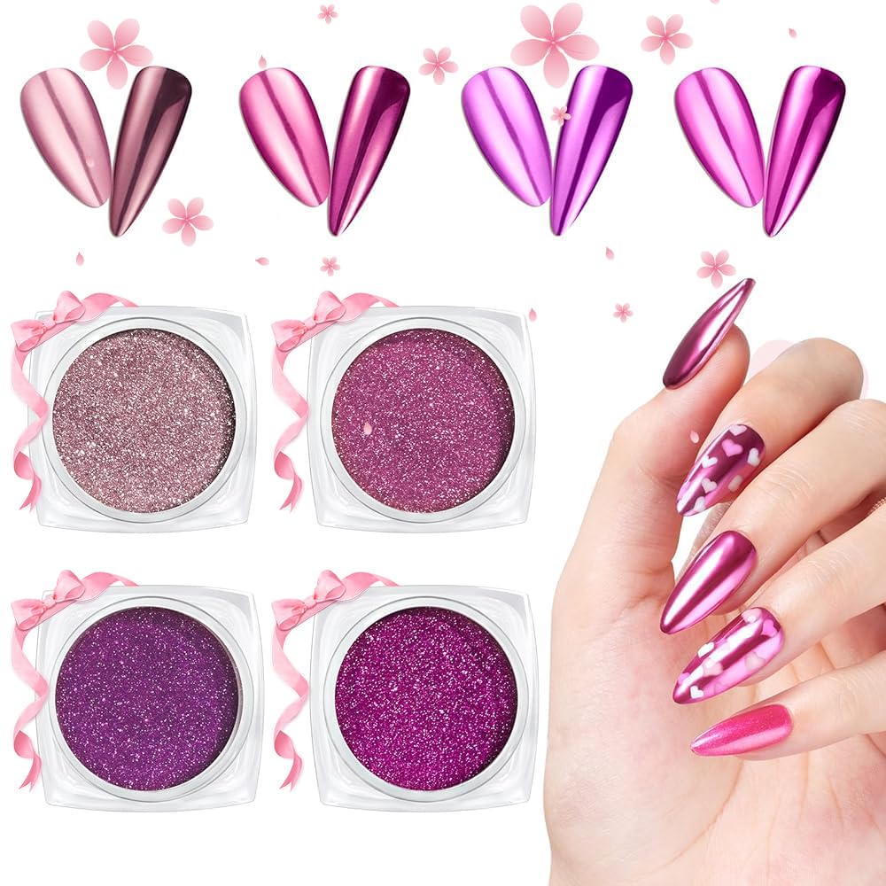 Pink Craze Nail Powder - 4-Color Mirror Effect and Holographic Glitter