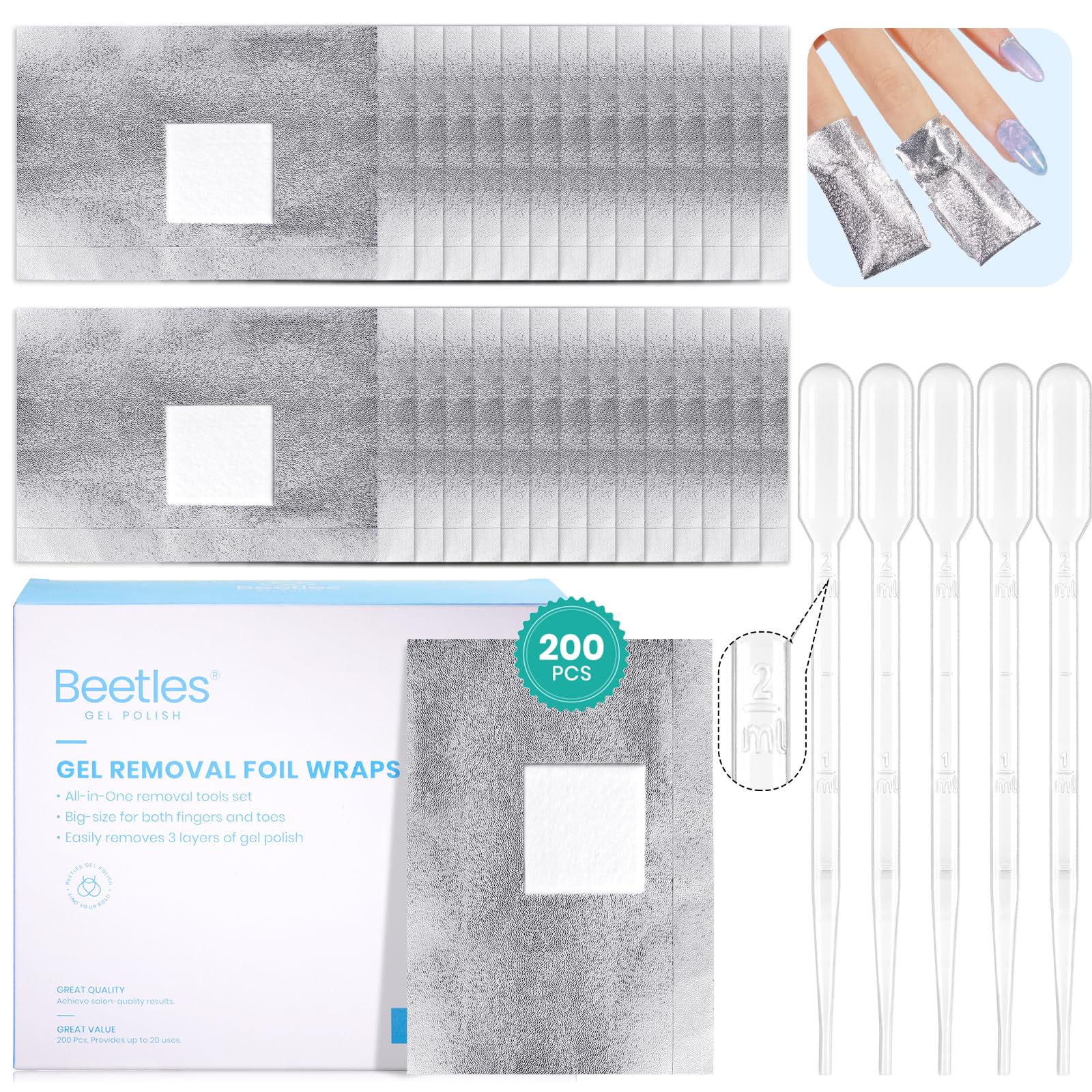 Quick Nail Art Removal Kit: Thicker Foil Wraps with Pre-attached Cotton Pads and Droppers