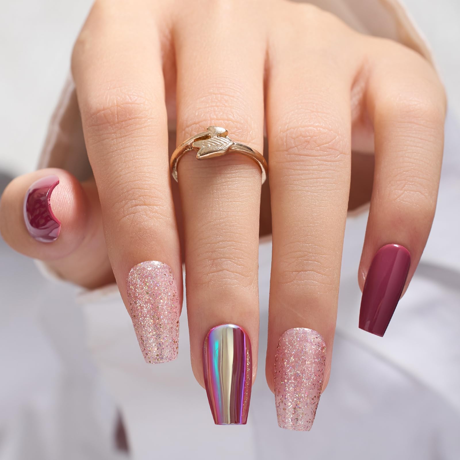 Glitter Pink | Medium Coffin Press On Nails 12 Sizes - 24pcs