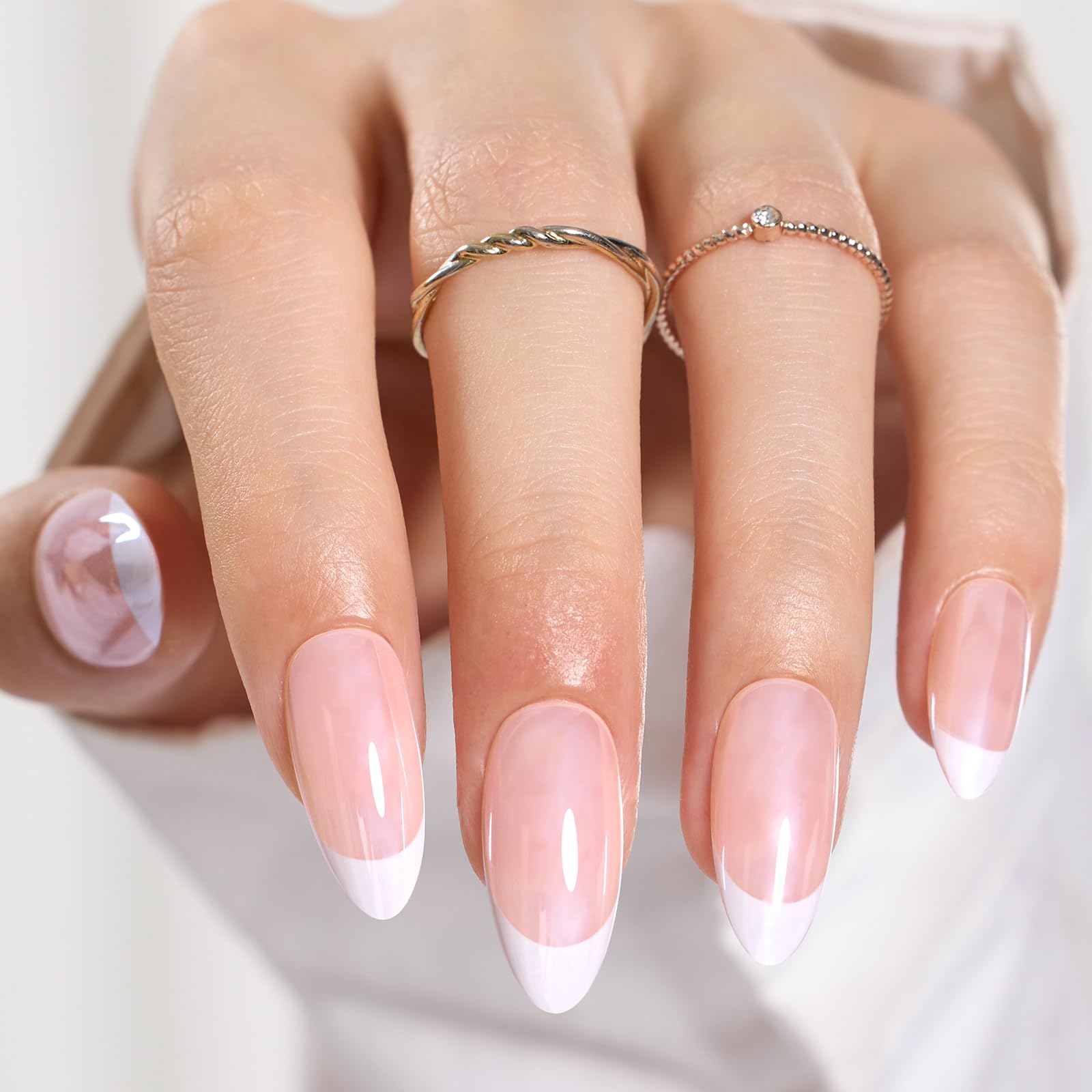 Glazed French | Medium Almond Press On Nails 15 Sizes - 30pcs