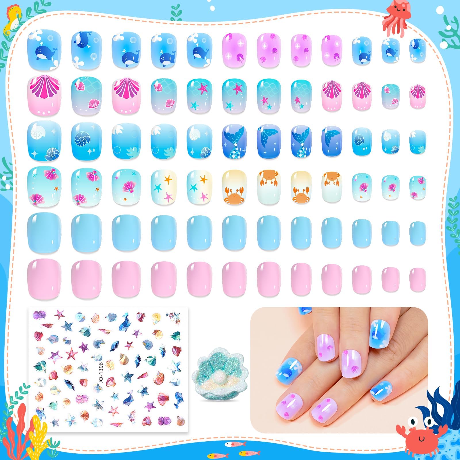 Kids Press-on Nails | Short Square Press On Nails 144 Pcs in 12 Sizes