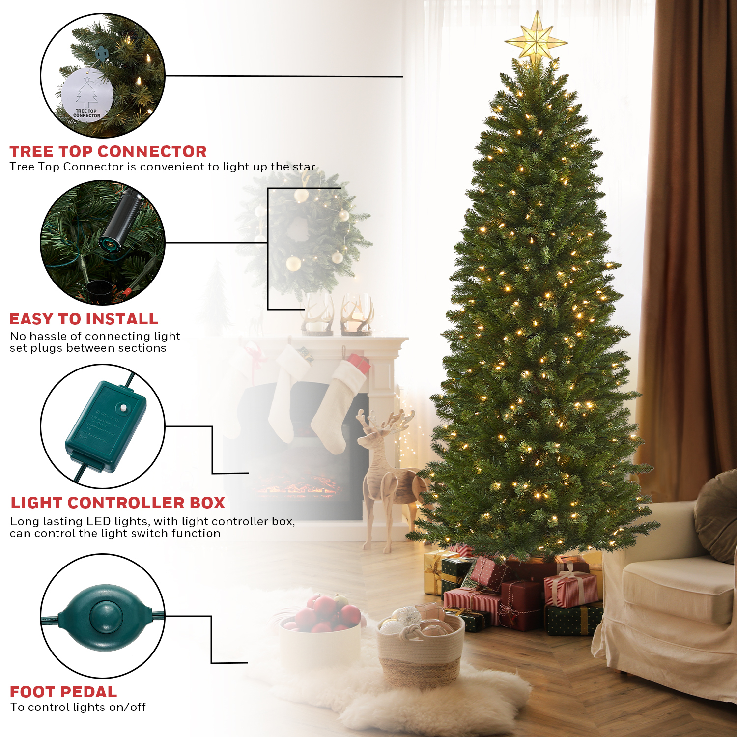 Honeywell 7ft Eagle Peak Pine Pencil Pre-Lit Christmas Tree - 350 Color Changing LED Lights - UL Certified