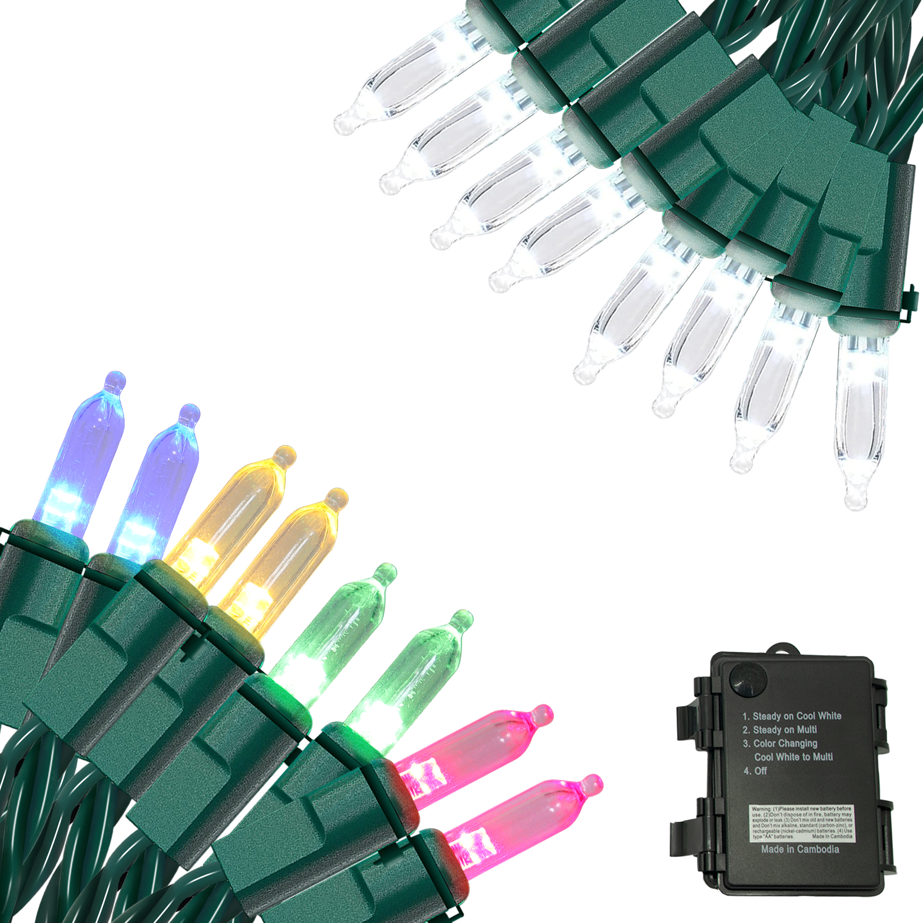 50 LED Battery Operated Lights Multi Green Wire