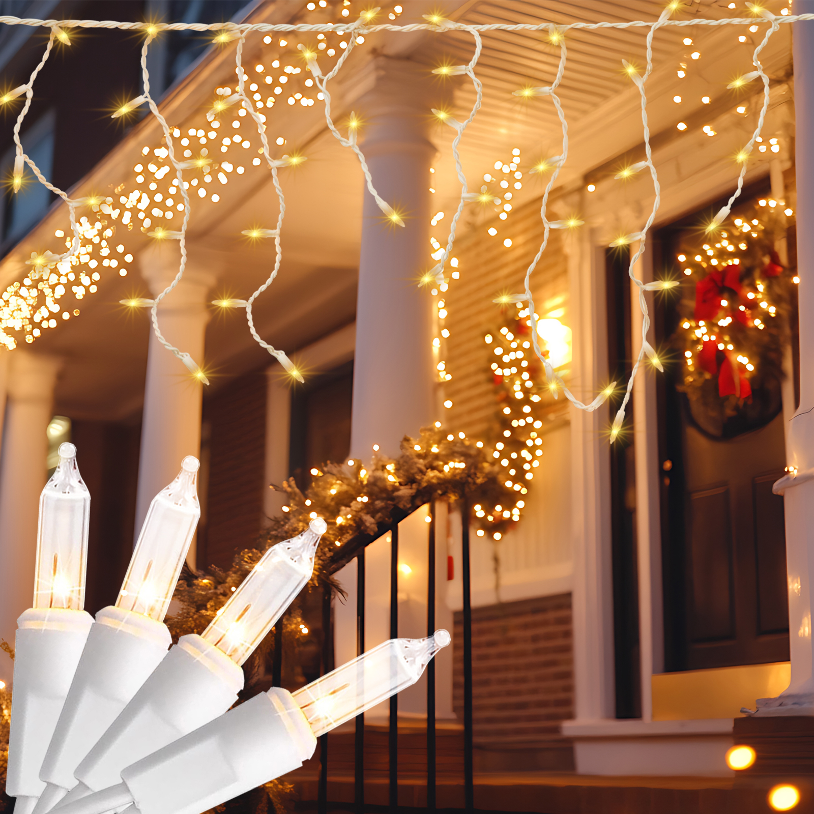 New One 2 Pack Icicle Lights, 17.67 FT 300 Incandescent Clear Warm White Icicle Christmas Lights with White Wire, 3 Connectable Icicle String Lights with 54 Drops, Holiday Party Incandes Icicle Lights