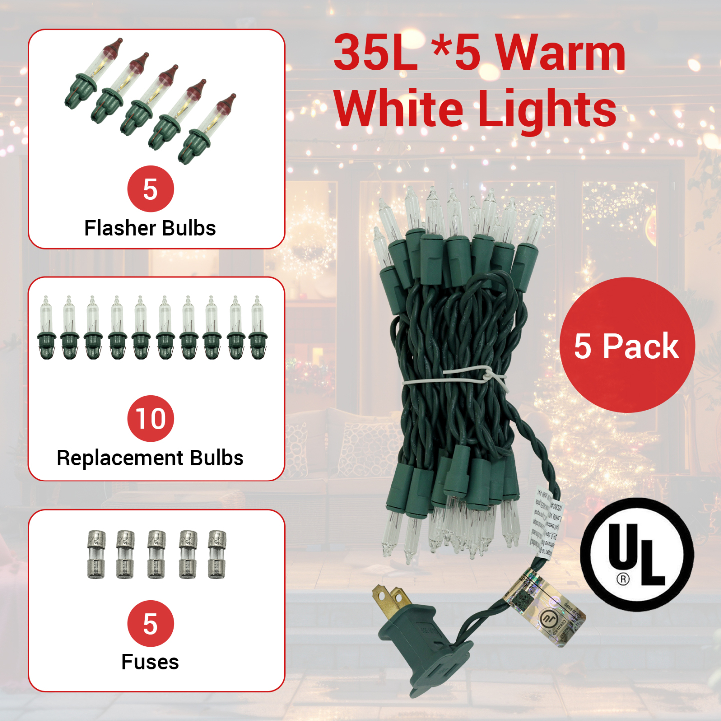 New One Christmas Lights Outdoor 5 Pack, 35 Lights 8.08FT Christmas Tree Lights with Green Wire, Warm White Twinkle Lights, UL Listed for Indoor Outdoor Patio Garden Party Yard Wedding Decoration