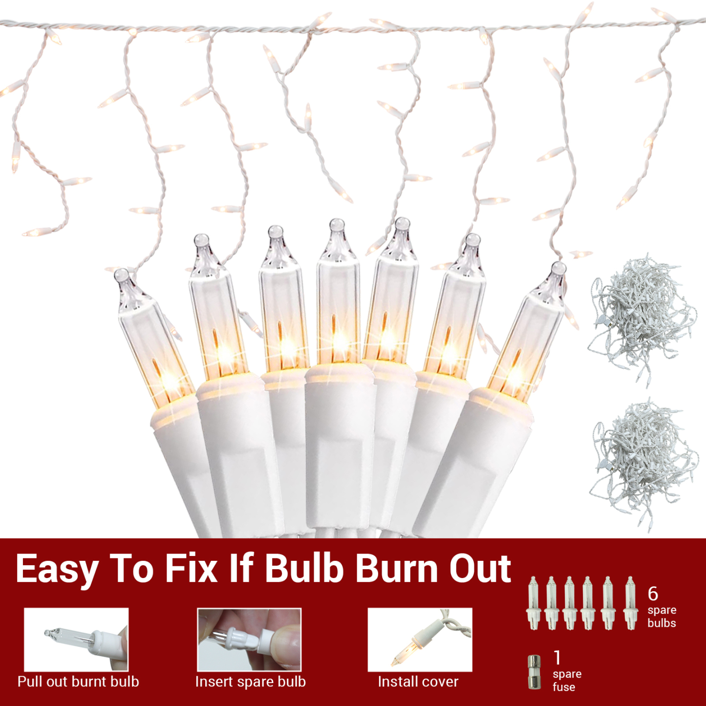 New One 2 Pack Icicle Lights, 17.67 FT 300 Incandescent Clear Warm White Icicle Christmas Lights with White Wire, 3 Connectable Icicle String Lights with 54 Drops, Holiday Party Incandes Icicle Lights