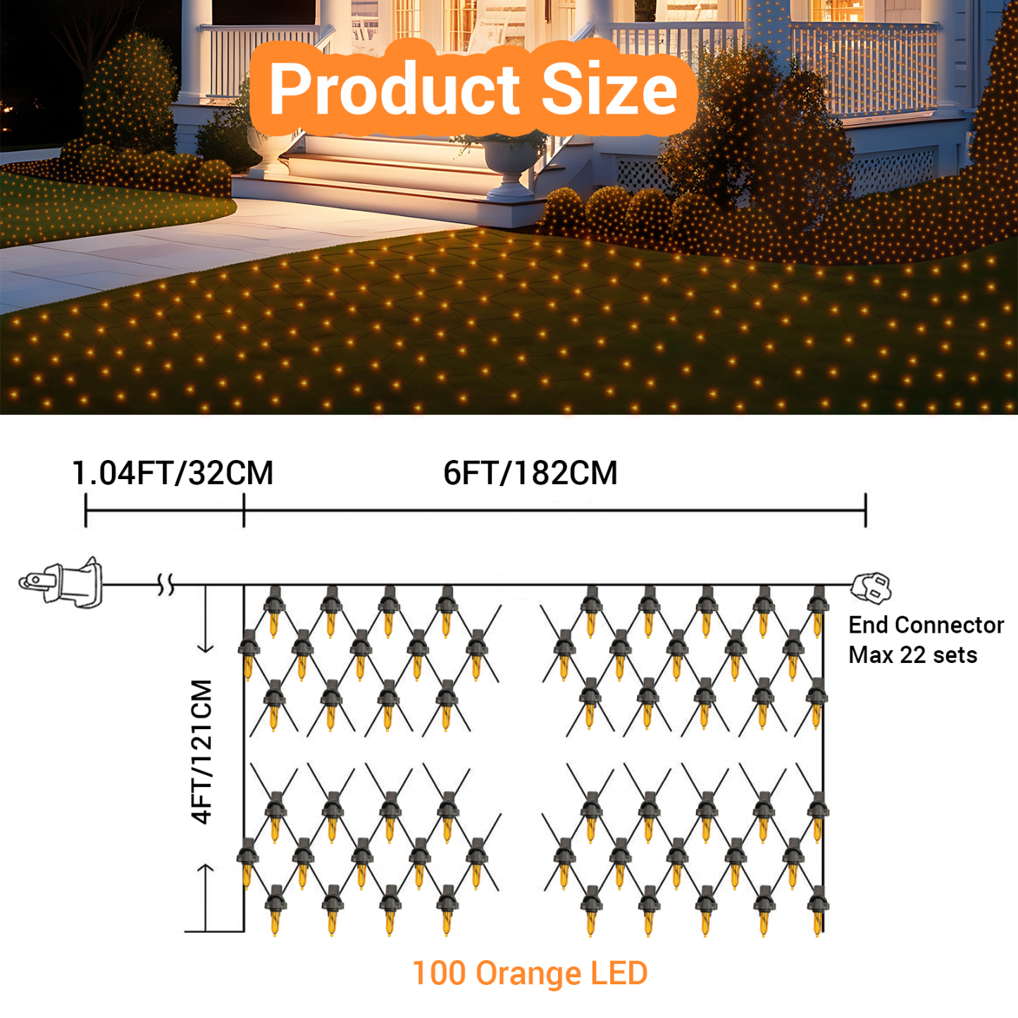New One 3 Pack Christmas Net Lights, 100 LED 6ft x 4 ft Orange Connectable Net Lights Outdoor Mesh Lights with Black Wire, Bush Lights for Christmas Yard Patio Tree Bushes Decorations(Orange)