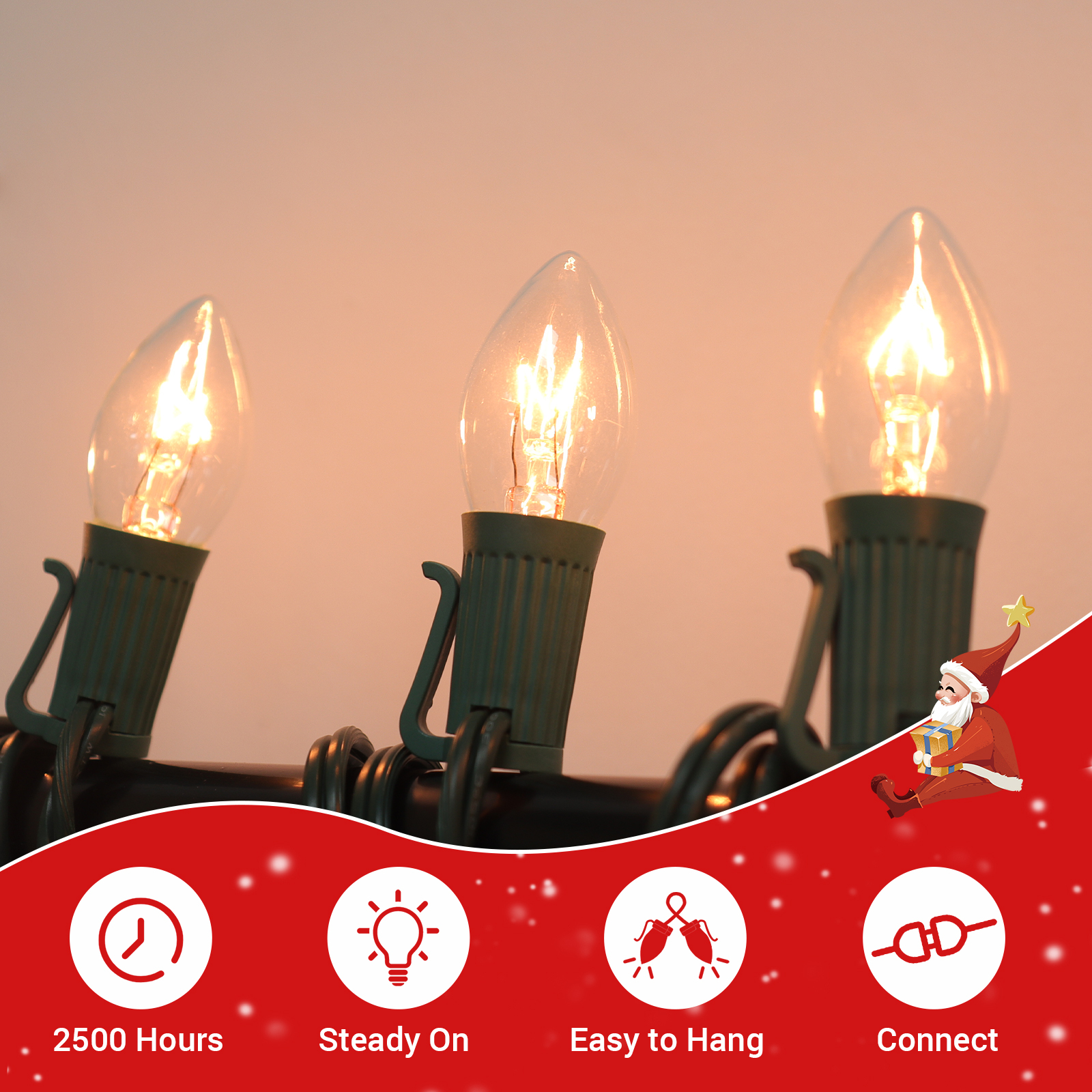 New One 3 Pack 25Ft C7 Christmas Lights, Outdoor Christmas String Lights with 25 Clear Incandescent Bulbs, Christmas Vintage String Light for Patio, Christmas, Cafe, Party Decor, Green Wire, UL Listed