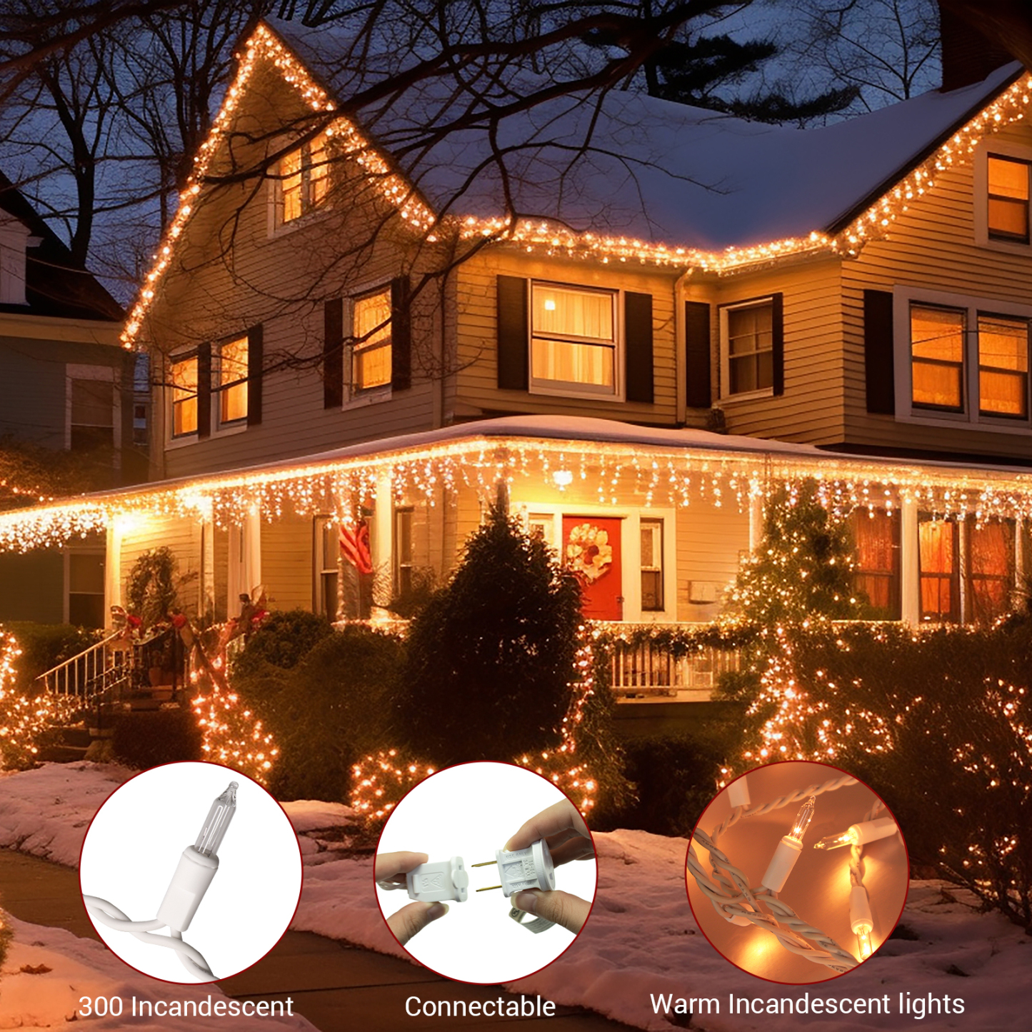 New One 2 Pack Icicle Lights, 17.67 FT 300 Incandescent Clear Warm White Icicle Christmas Lights with White Wire, 3 Connectable Icicle String Lights with 54 Drops, Holiday Party Incandes Icicle Lights