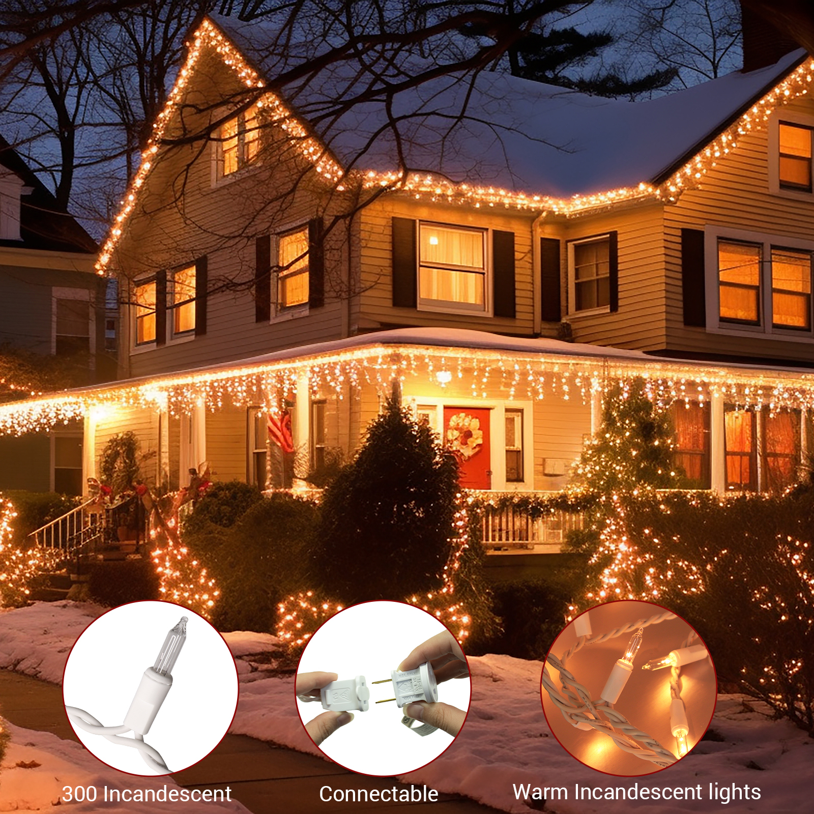 New One 2 Pack Icicle Lights, 17.67 FT 300 Incandescent Clear Warm White Icicle Christmas Lights with White Wire, 3 Connectable Icicle String Lights with 54 Drops, Holiday Party Incandes Icicle Lights