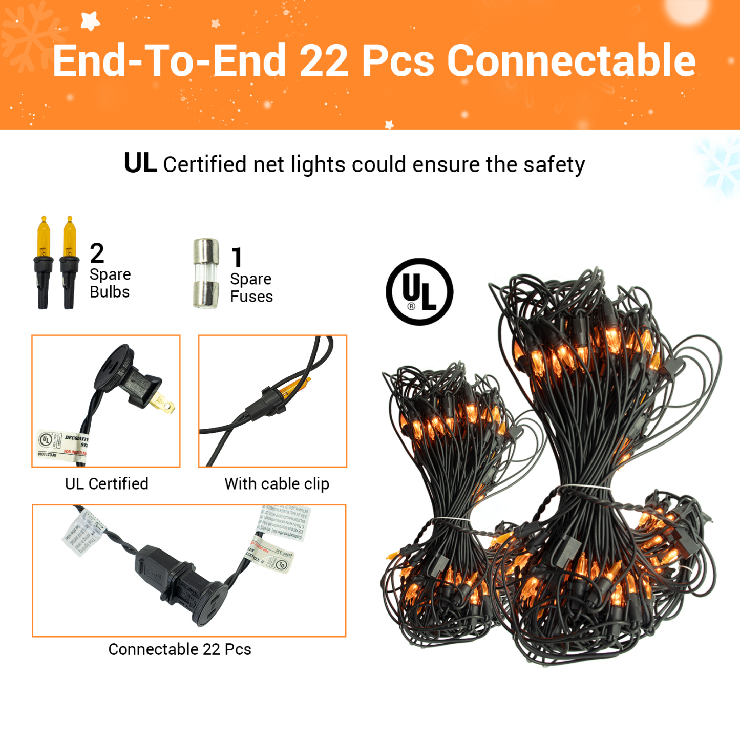 New One 3 Pack Christmas Net Lights, 100 LED 6ft x 4 ft Orange Connectable Net Lights Outdoor Mesh Lights with Black Wire, Bush Lights for Christmas Yard Patio Tree Bushes Decorations(Orange)