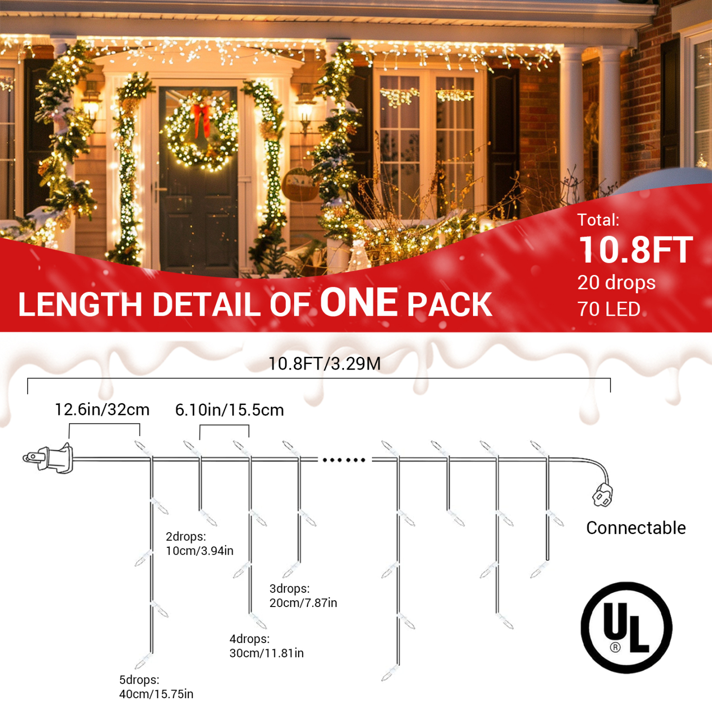 New One Icicle Lights Outdoor 3 Pack, 70 LED 10.8FT Icicle Christmas Lights Outdoor Warm White, Connectable Plug in LED Christmas Lights, for Indoor Outdoor Christmas Eaves Party Yard Decoration
