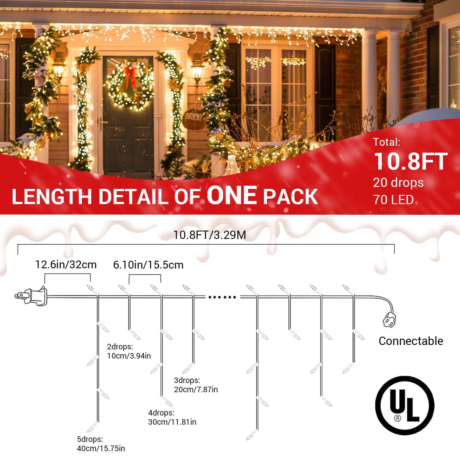 New One Icicle Lights Outdoor 3 Pack, 70 LED 10.8FT Icicle Christmas Lights Outdoor Warm White, Connectable Plug in LED Christmas Lights, for Indoor Outdoor Christmas Eaves Party Yard Decoration