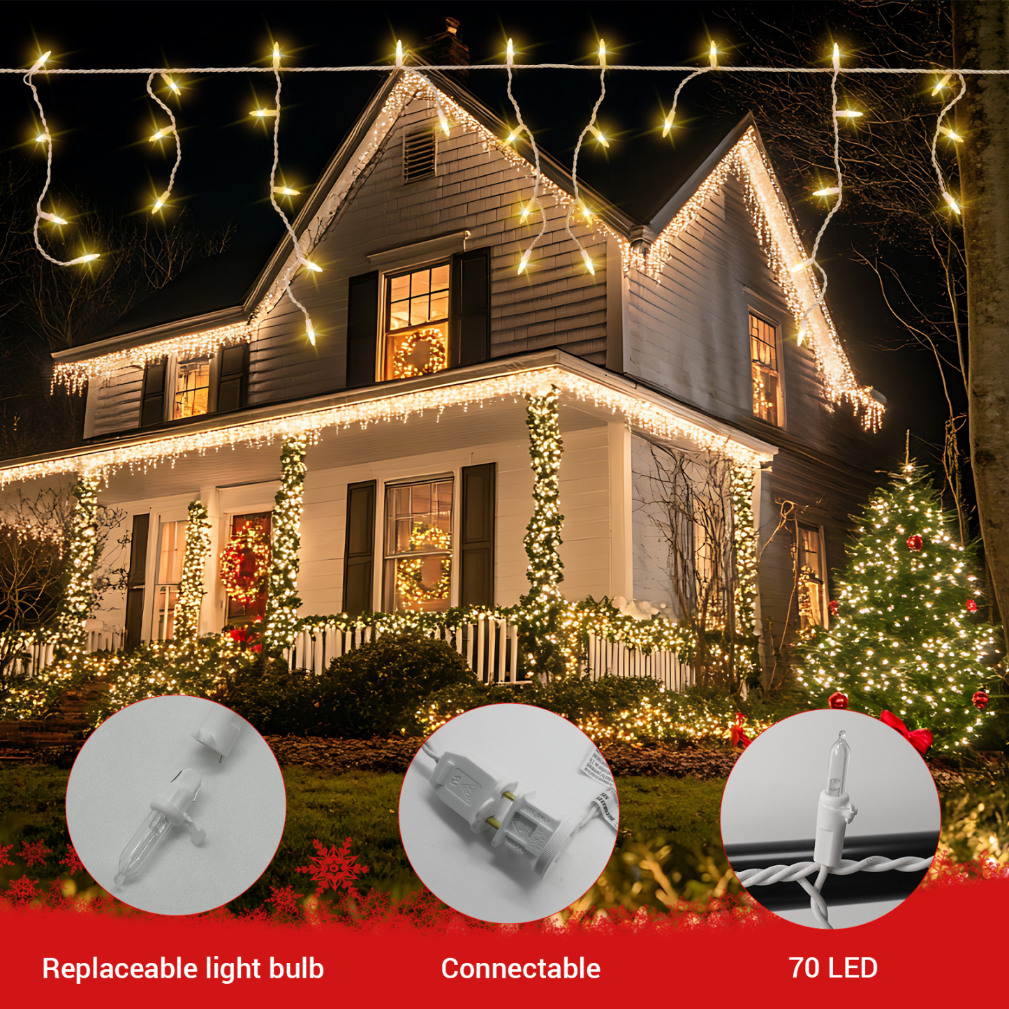 New One Icicle Lights Outdoor 3 Pack, 70 LED 10.8FT Icicle Christmas Lights Outdoor Warm White, Connectable Plug in LED Christmas Lights, for Indoor Outdoor Christmas Eaves Party Yard Decoration