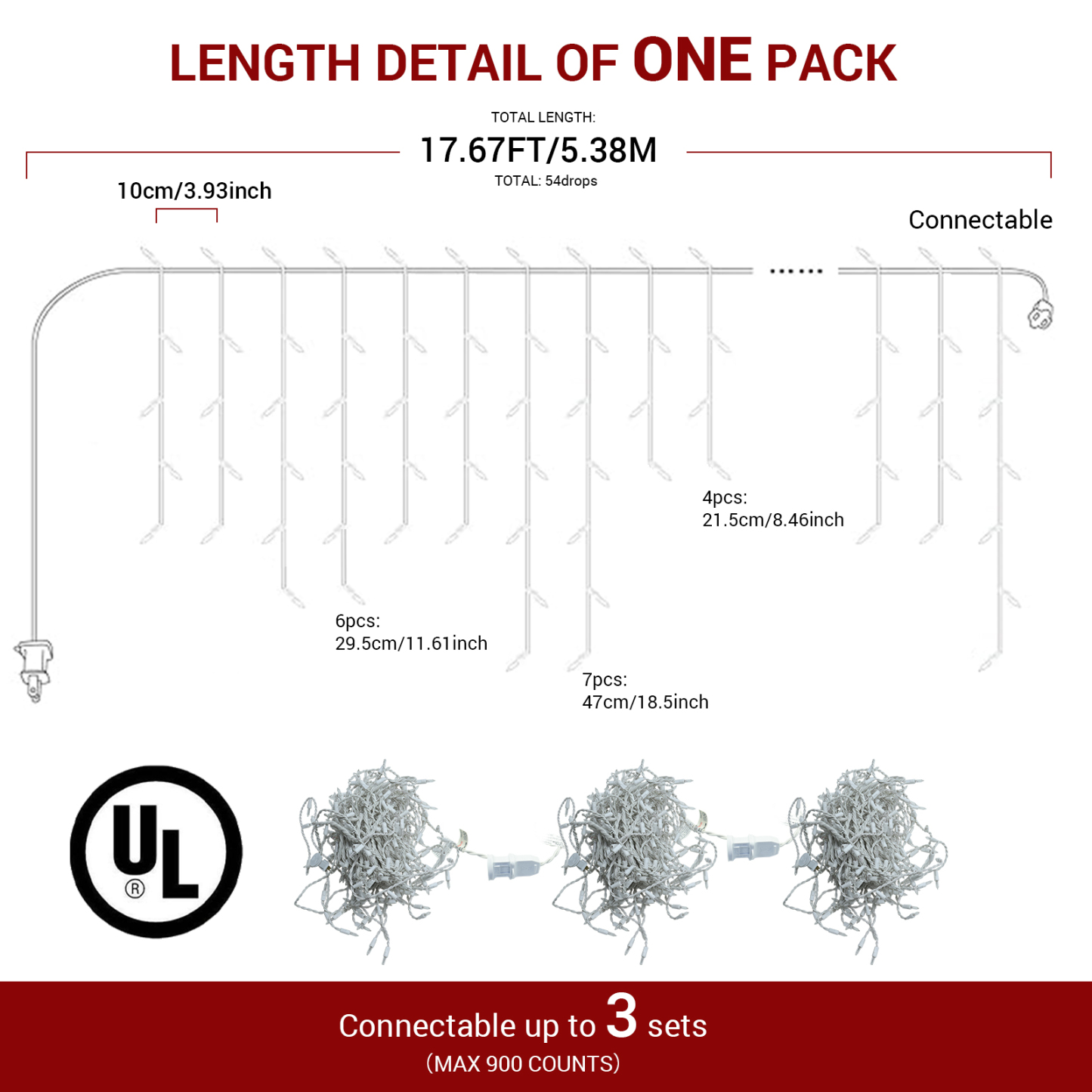 New One 2 Pack Icicle Lights, 17.67 FT 300 Incandescent Clear Warm White Icicle Christmas Lights with White Wire, 3 Connectable Icicle String Lights with 54 Drops, Holiday Party Incandes Icicle Lights