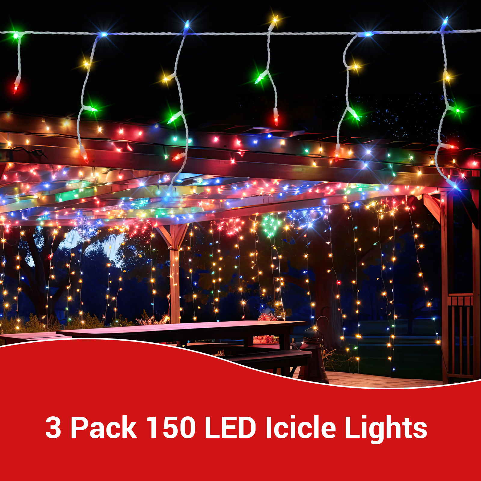New One 3 Pack Icicle Lights Outdoor, 20.2 FT 150 LEDs Multicolor Icicle Christmas Lights with White Wire, Connectable Icicle String Lights with 39 Drops, Holiday Wedding Party Led Icicle Lights