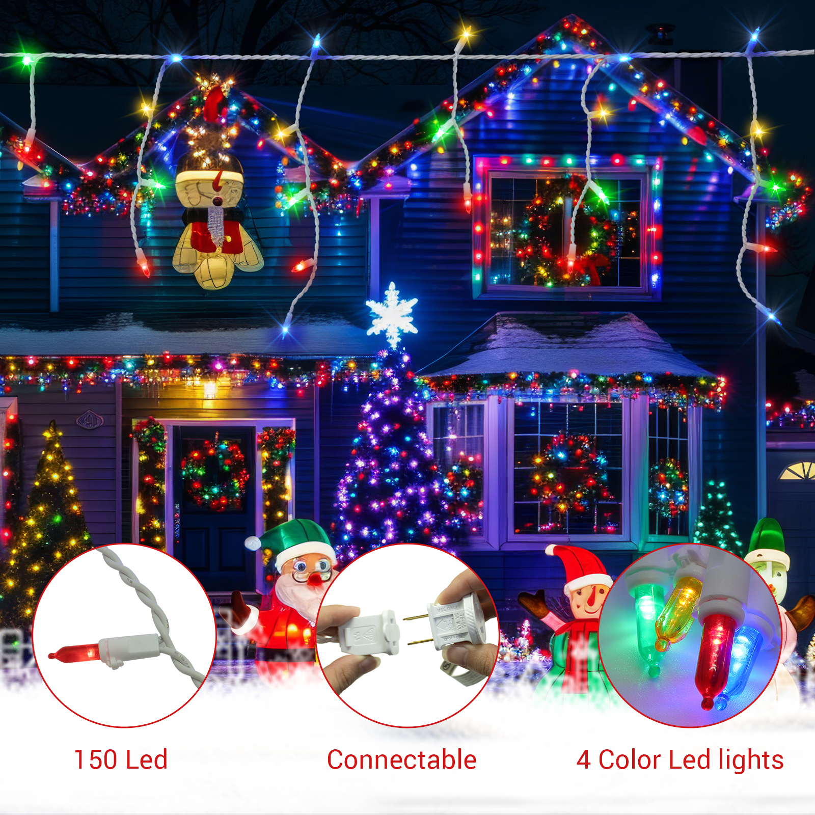 New One 3 Pack Icicle Lights Outdoor, 20.2 FT 150 LEDs Multicolor Icicle Christmas Lights with White Wire, Connectable Icicle String Lights with 39 Drops, Holiday Wedding Party Led Icicle Lights
