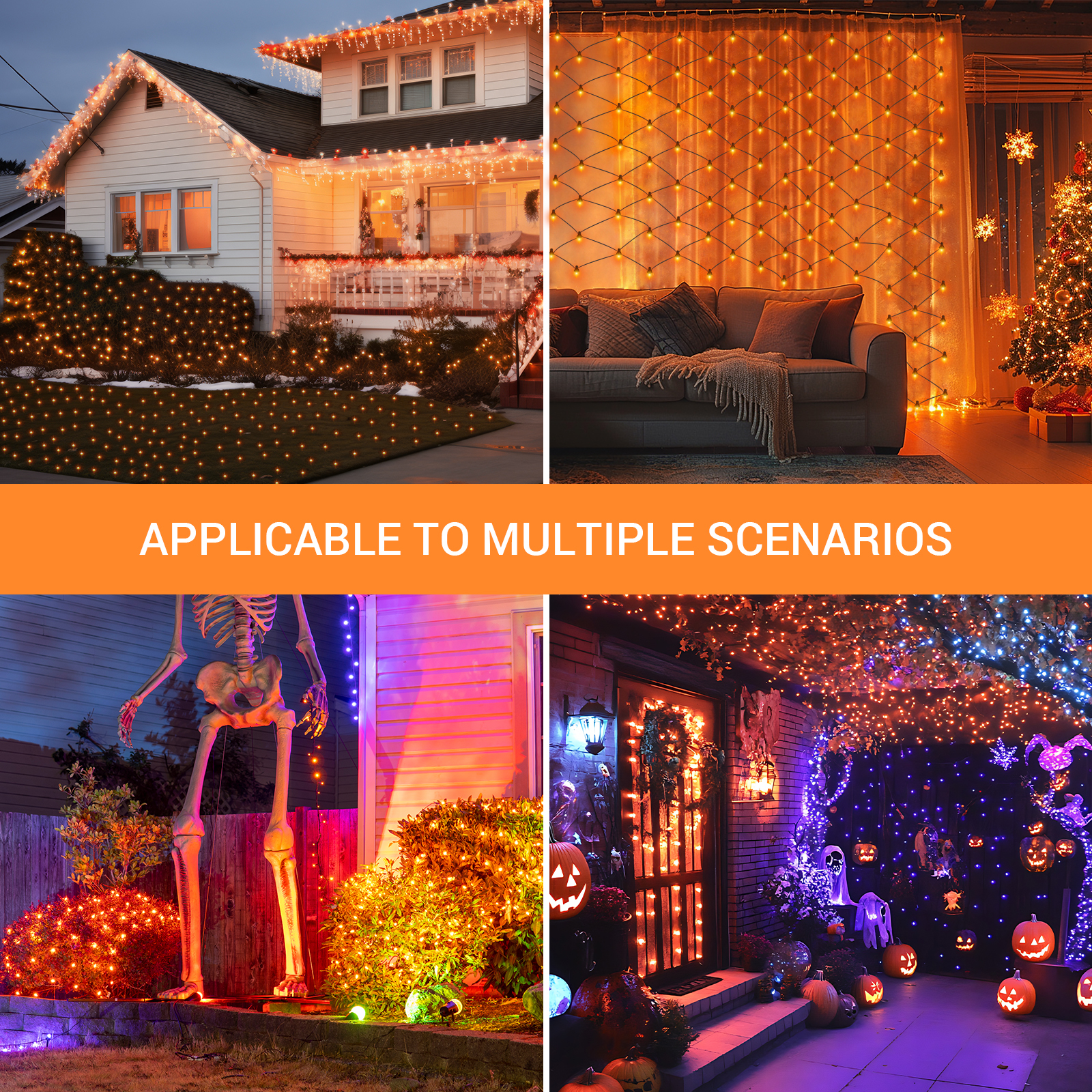 New One 3 Pack Christmas Net Lights, 100 LED 6ft x 4 ft Orange Connectable Net Lights Outdoor Mesh Lights with Black Wire, Bush Lights for Christmas Yard Patio Tree Bushes Decorations(Orange)
