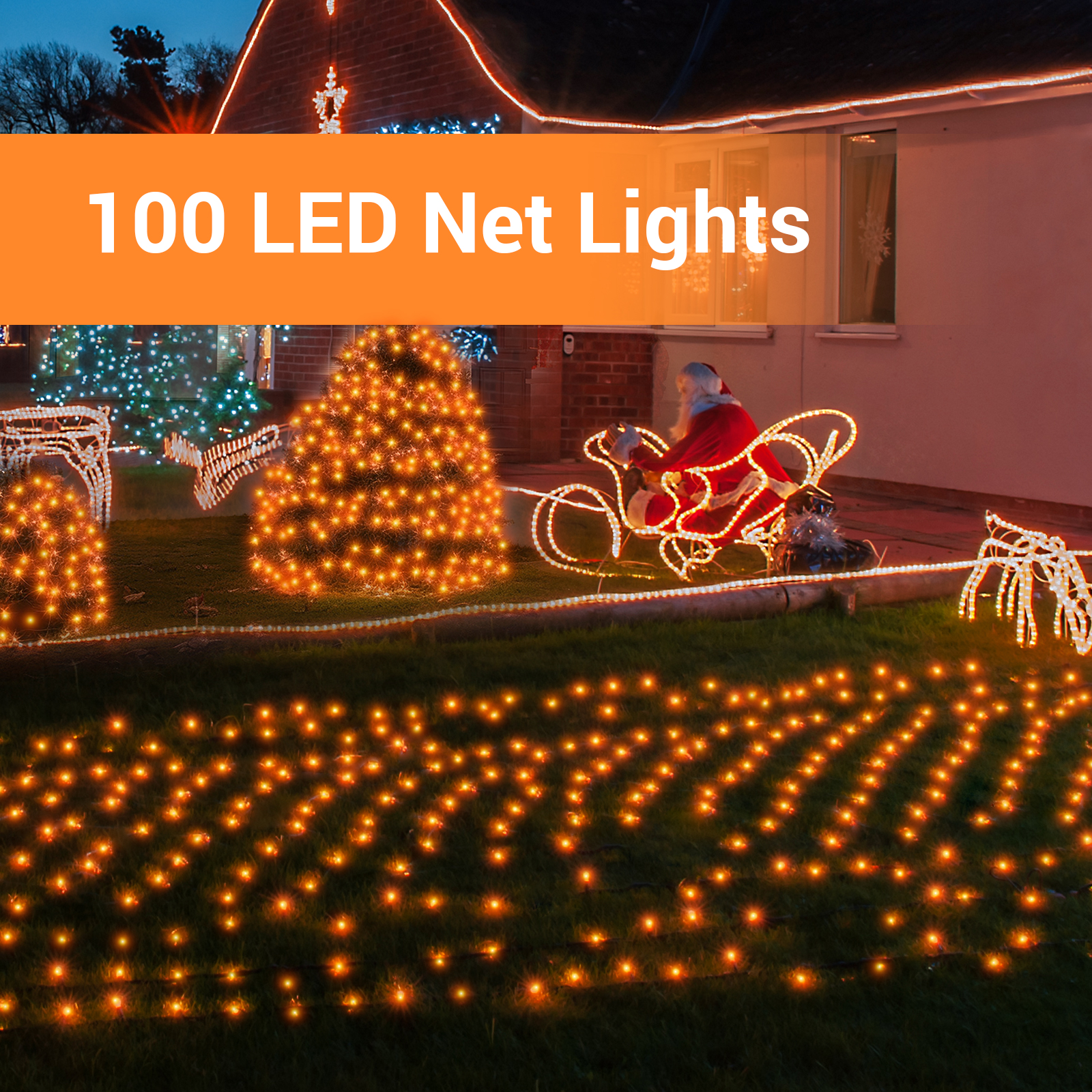 New One 3 Pack Christmas Net Lights, 100 LED 6ft x 4 ft Orange Connectable Net Lights Outdoor Mesh Lights with Black Wire, Bush Lights for Christmas Yard Patio Tree Bushes Decorations(Orange)