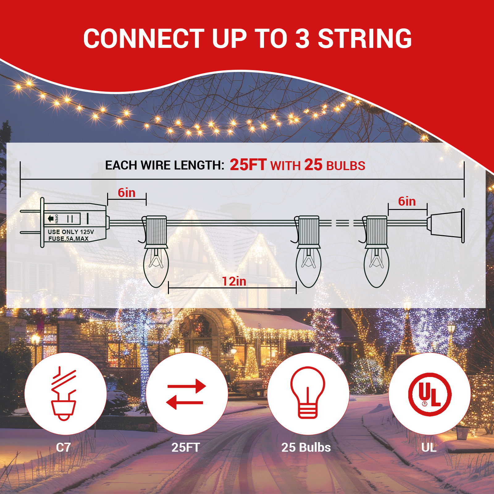 New One 3 Pack 25Ft C7 Christmas Lights, Outdoor Christmas String Lights with 25 Clear Incandescent Bulbs, Christmas Vintage String Light for Patio, Christmas, Cafe, Party Decor, Green Wire, UL Listed